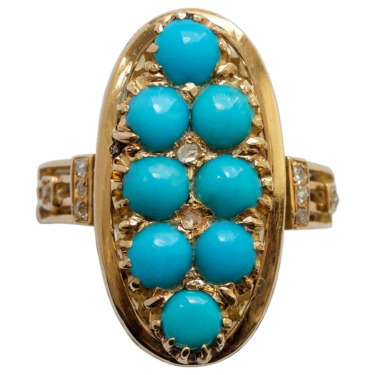 18 Carat Gold Turquoise and Diamond Victorian Ring