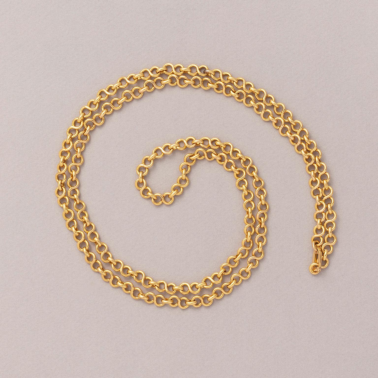 Une longue chaîne de 18 carats avec des maillons infinis.

poids : 68,45 grammes
longueur : 87 cm