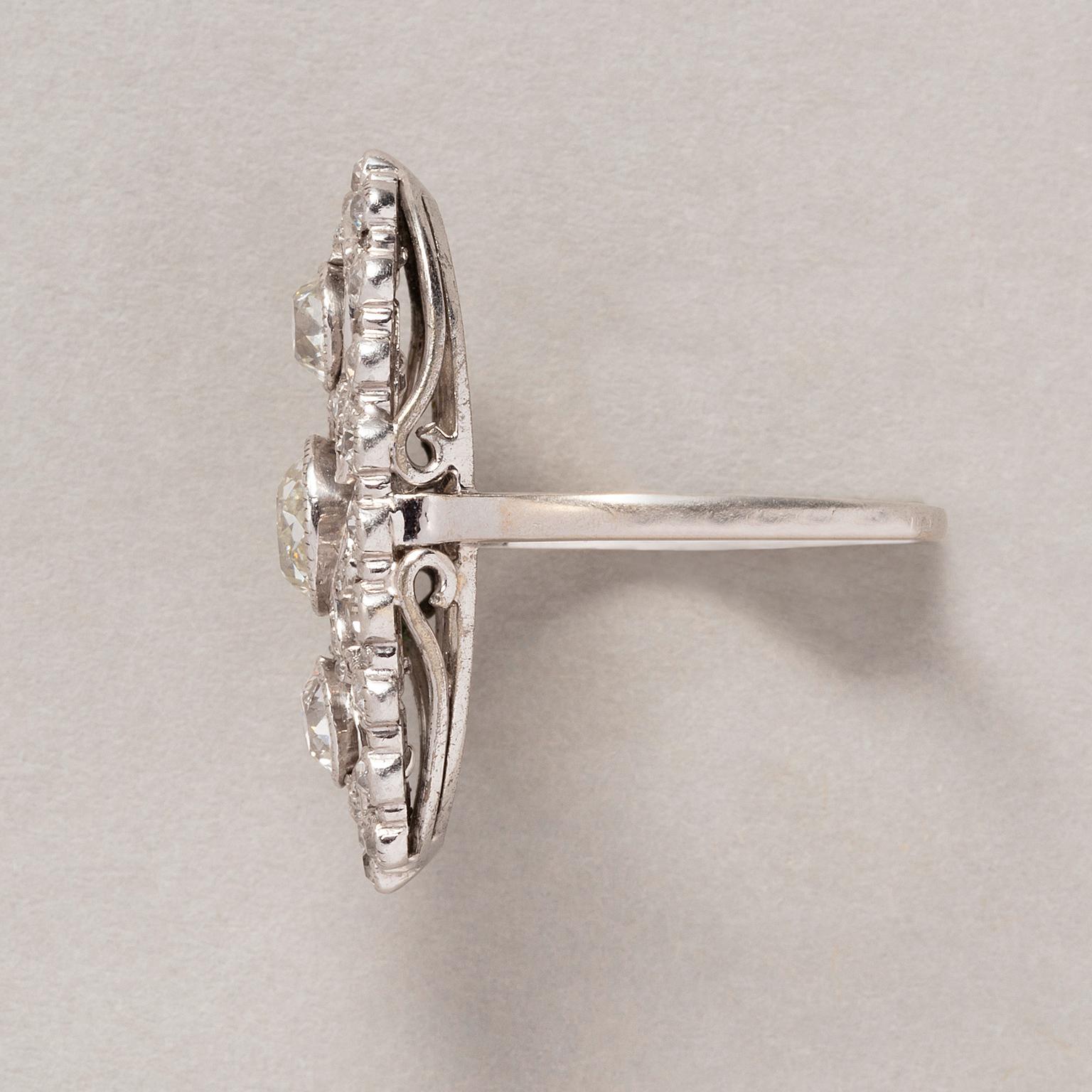 Old European Cut 18 Carat White Gold and Platinum Edwardian Navette Shaped Ring with Diamonds For Sale
