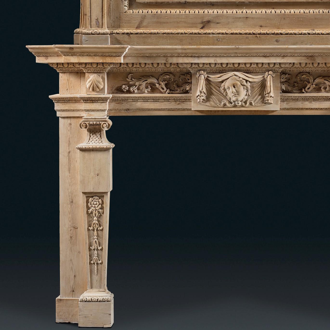 English 18 Century Carved Pine Palladian Overmantle Fireplace