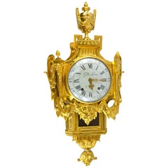 18th Century French Louis XVI Gilt Bronze Cartel Wall Clock Signed Gilles Laine