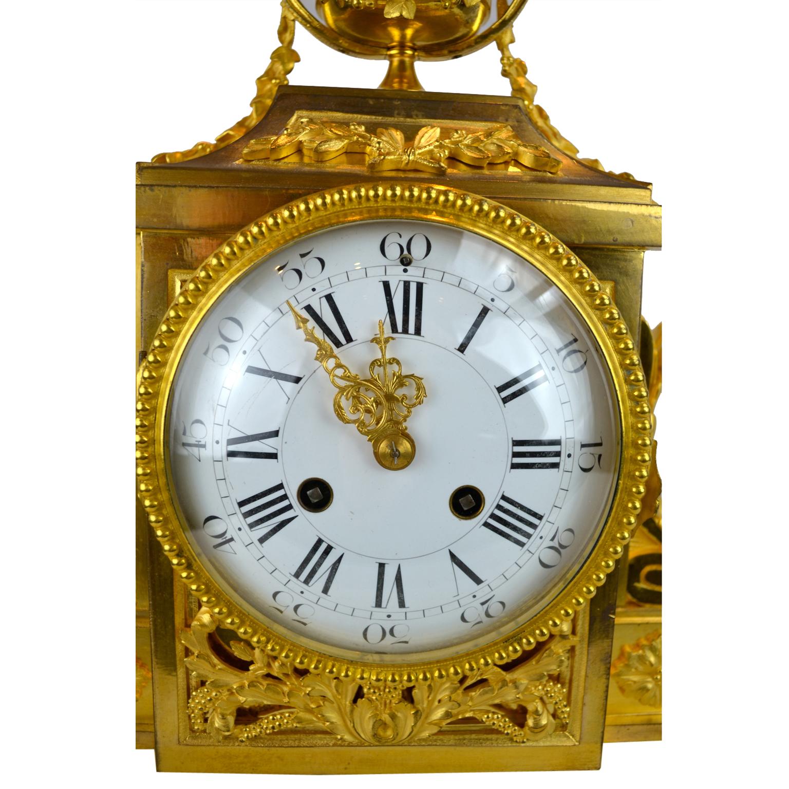 Hand-Carved 18th Century French Louis XVI White Marble and Gilt Bronze Architectural Clock