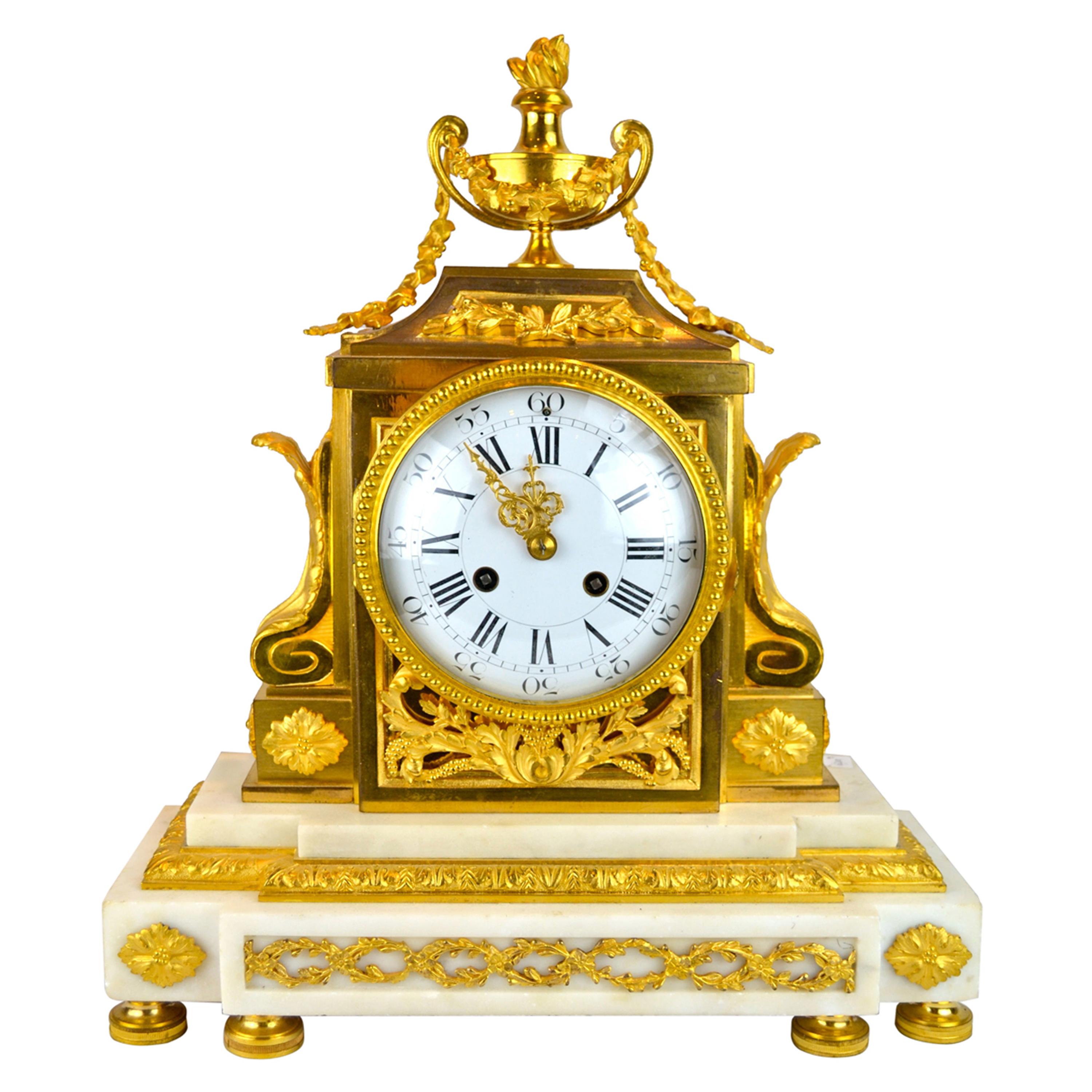 18th Century French Louis XVI White Marble and Gilt Bronze Architectural Clock