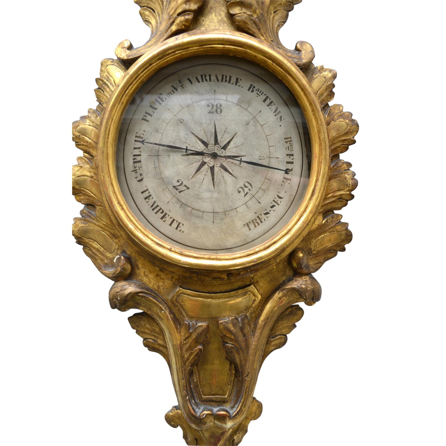 A beautifully carved and giltwood 18th century Louis XVI wall barometer having its original mercury tube and mechanism but presently with the mercury missing.

   