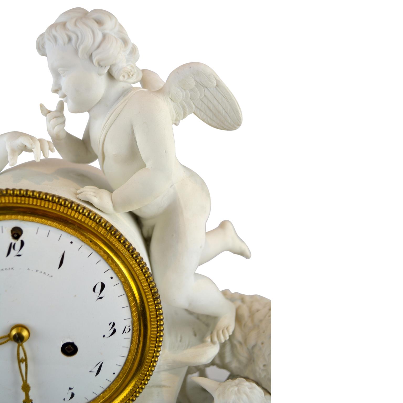 Hand-Carved 18th Century Louis XVI Period Figurative Bisque Clock For Sale