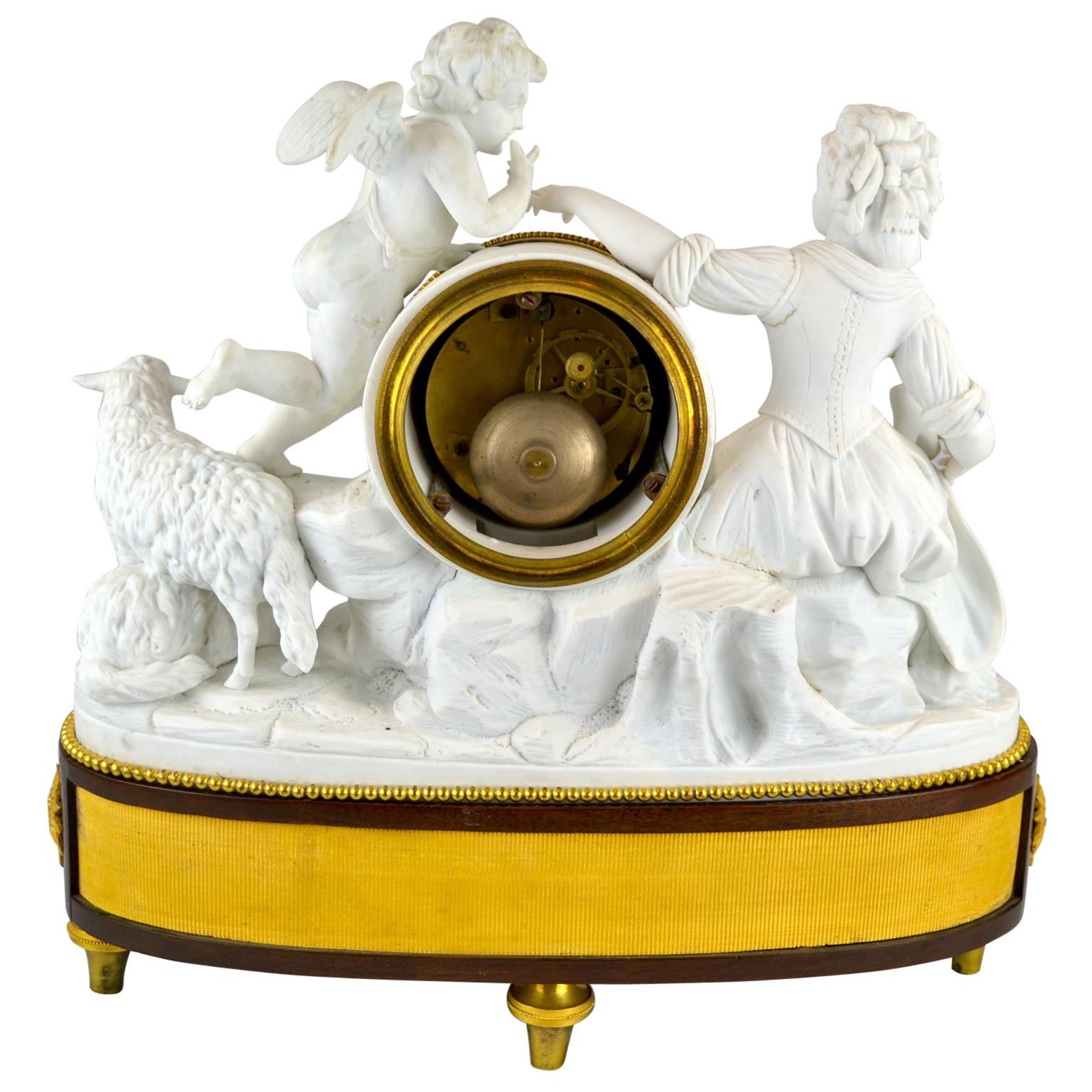 Marble 18th Century Louis XVI Period Figurative Bisque Clock For Sale