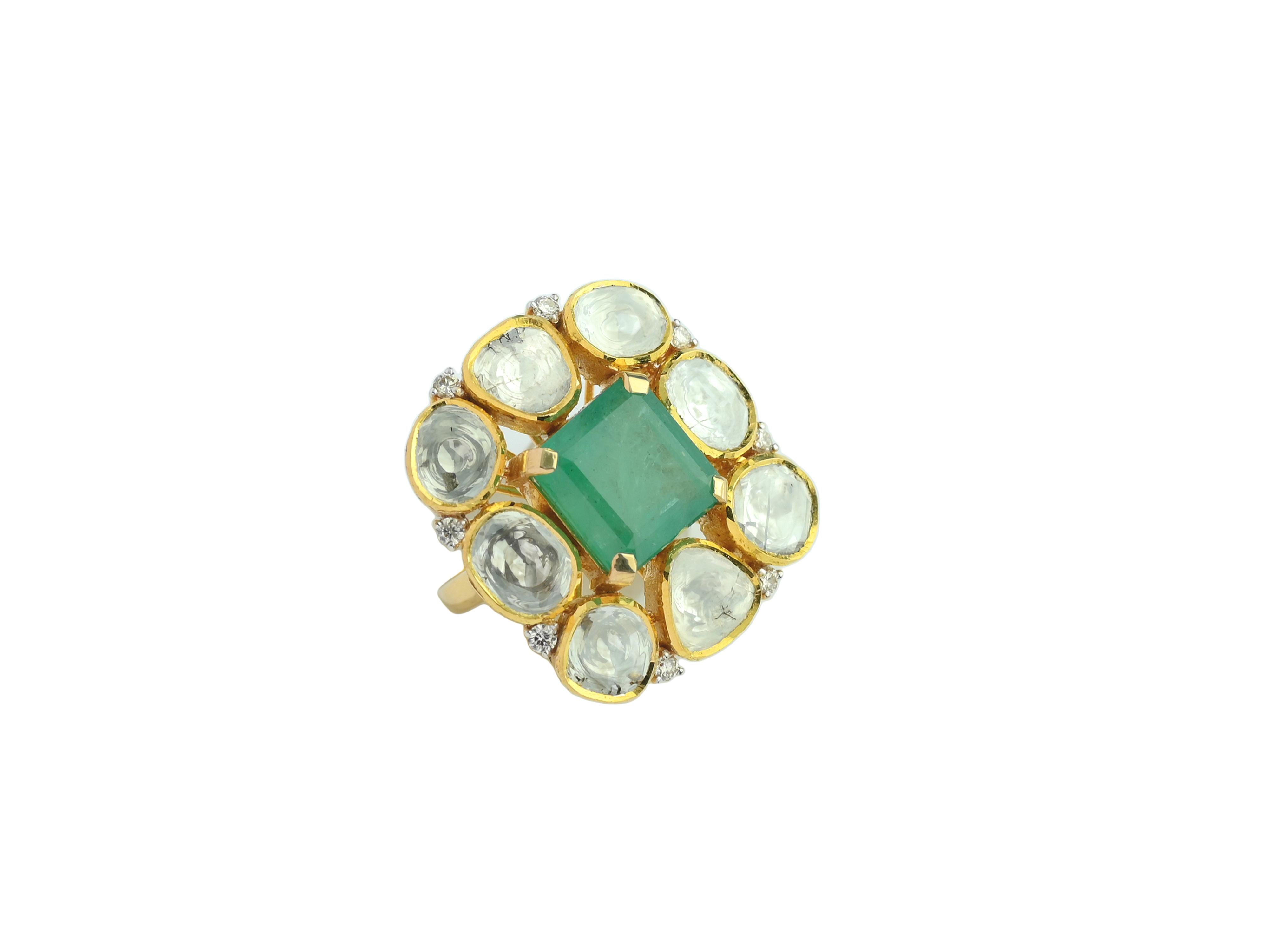 Octagon Cut An 18 K Octagon natural emerald ring with Diamond Polki (flat uncut diamonds) For Sale