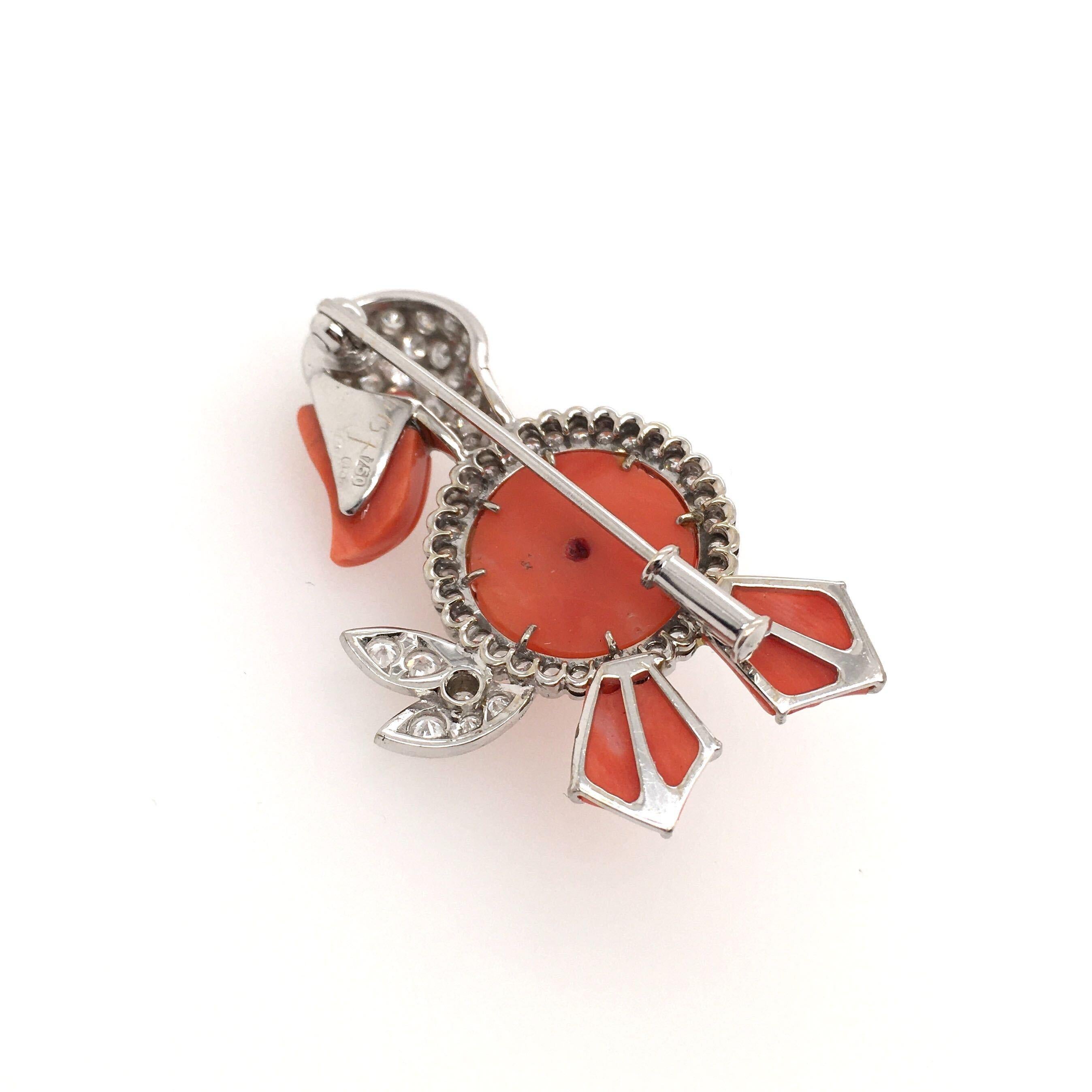 18 Karat White Gold, Diamond and Coral Duck Brooch In Excellent Condition In New York, NY