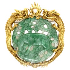 18 Karat Yellow Gold, Jade and Diamond Pendant Brooch
