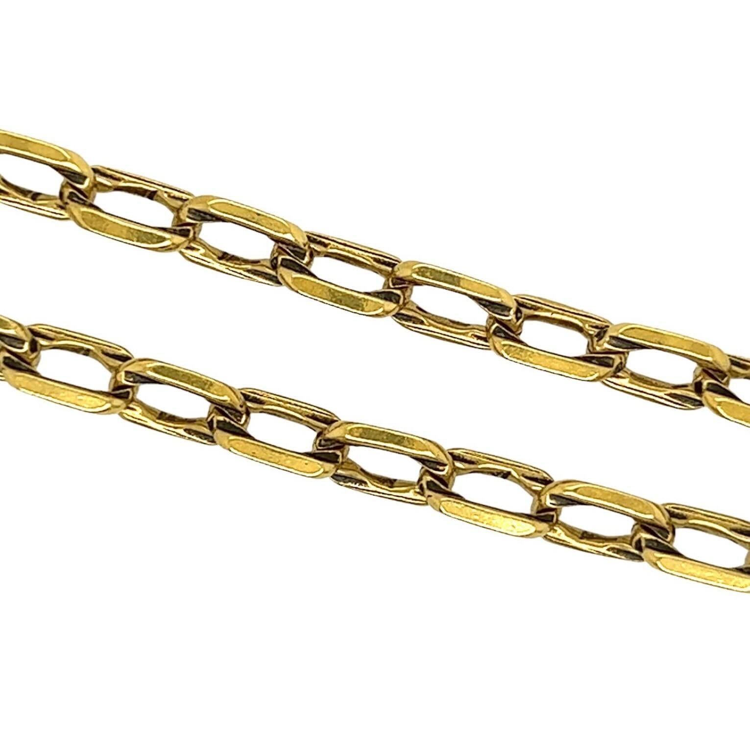 An 18 karat yellow gold necklace.  Designed as a long chain of beveled rounded rectangular links.  Length approximately 39 inches.  Gross weight approximately 59.80 grams.