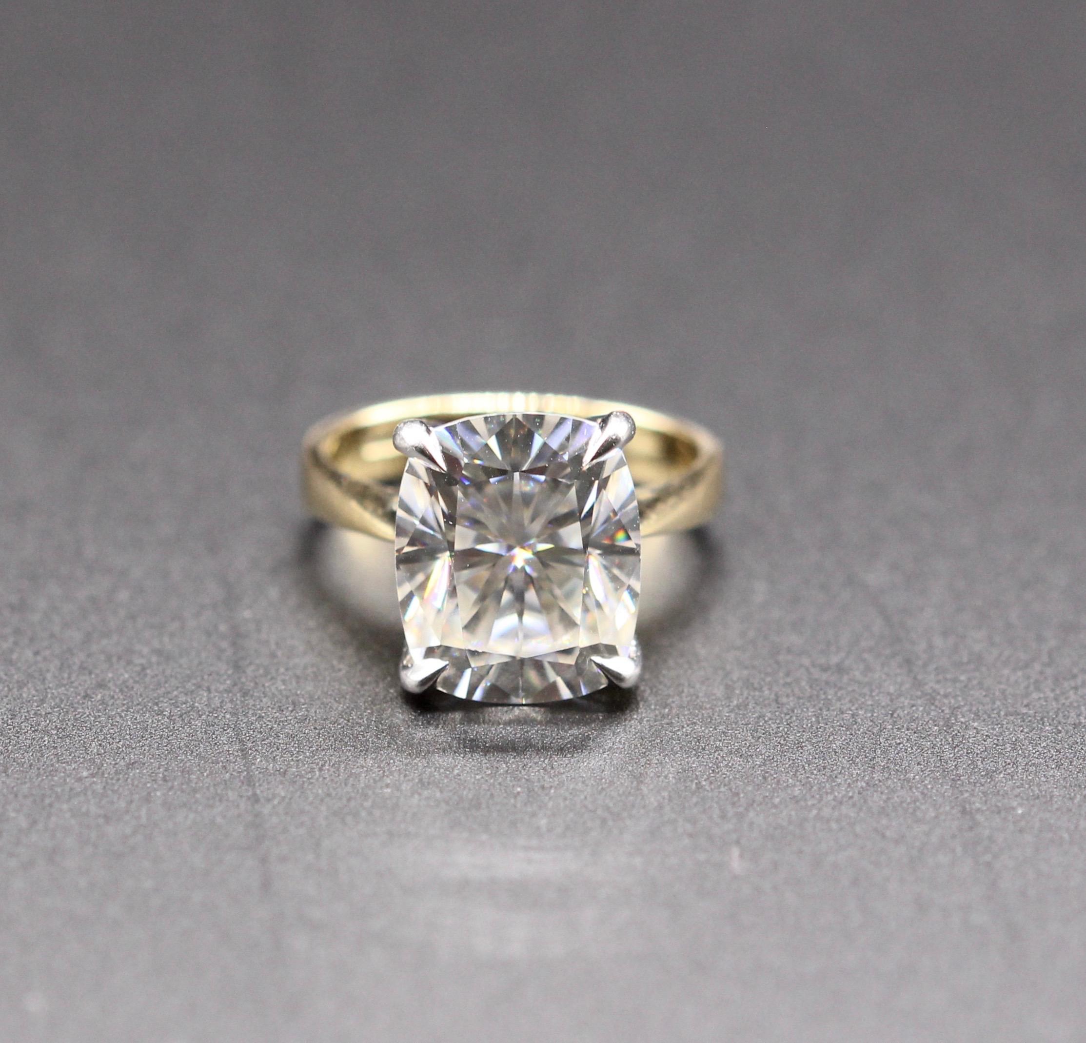 Modern 18 Karat Gold and Platinum 6.26 Carat Cushion Cut Moissanite Solitaire Ring