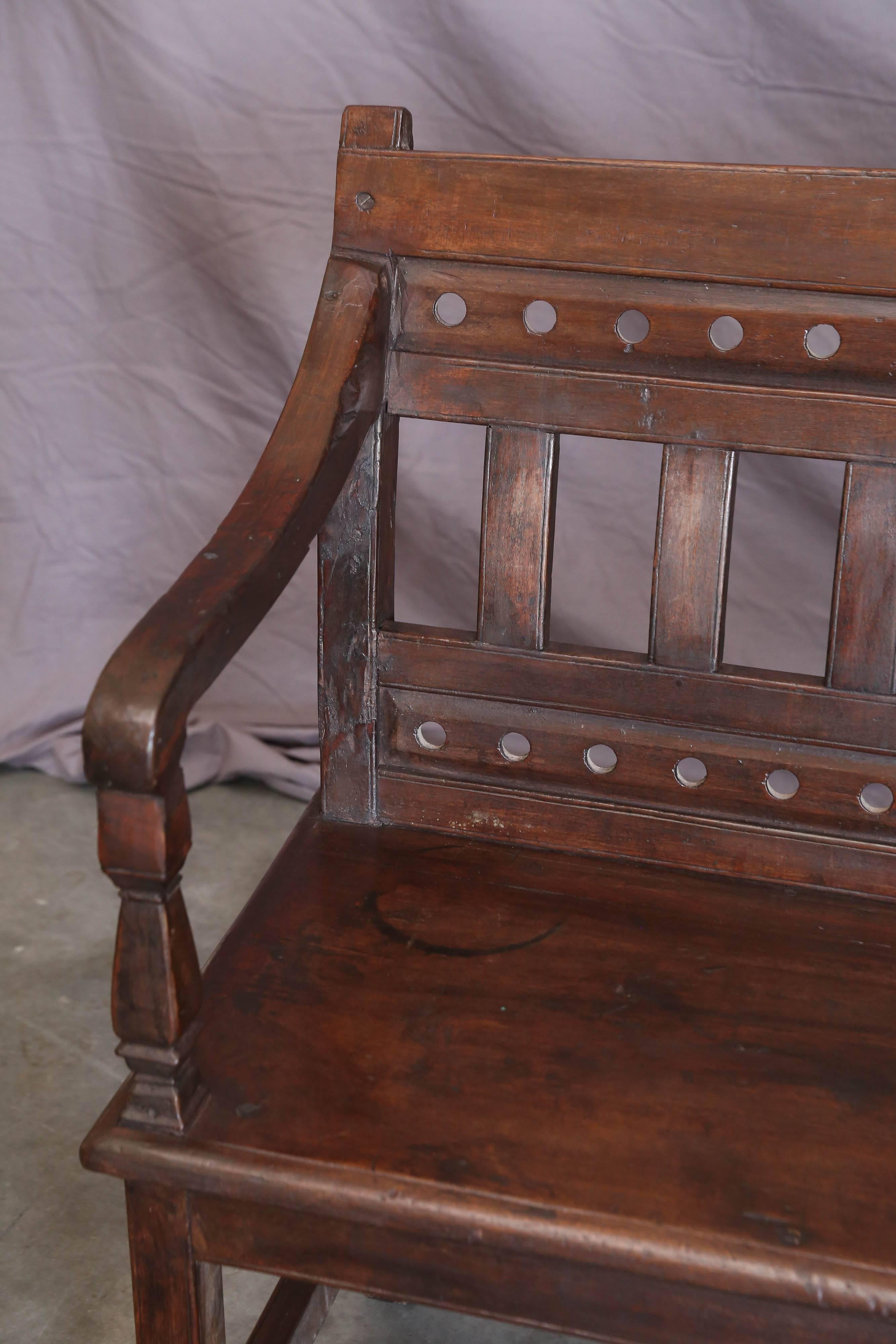 1880s Solid Teak Wood Original Company Bench from the Coastal Office In Excellent Condition In Houston, TX