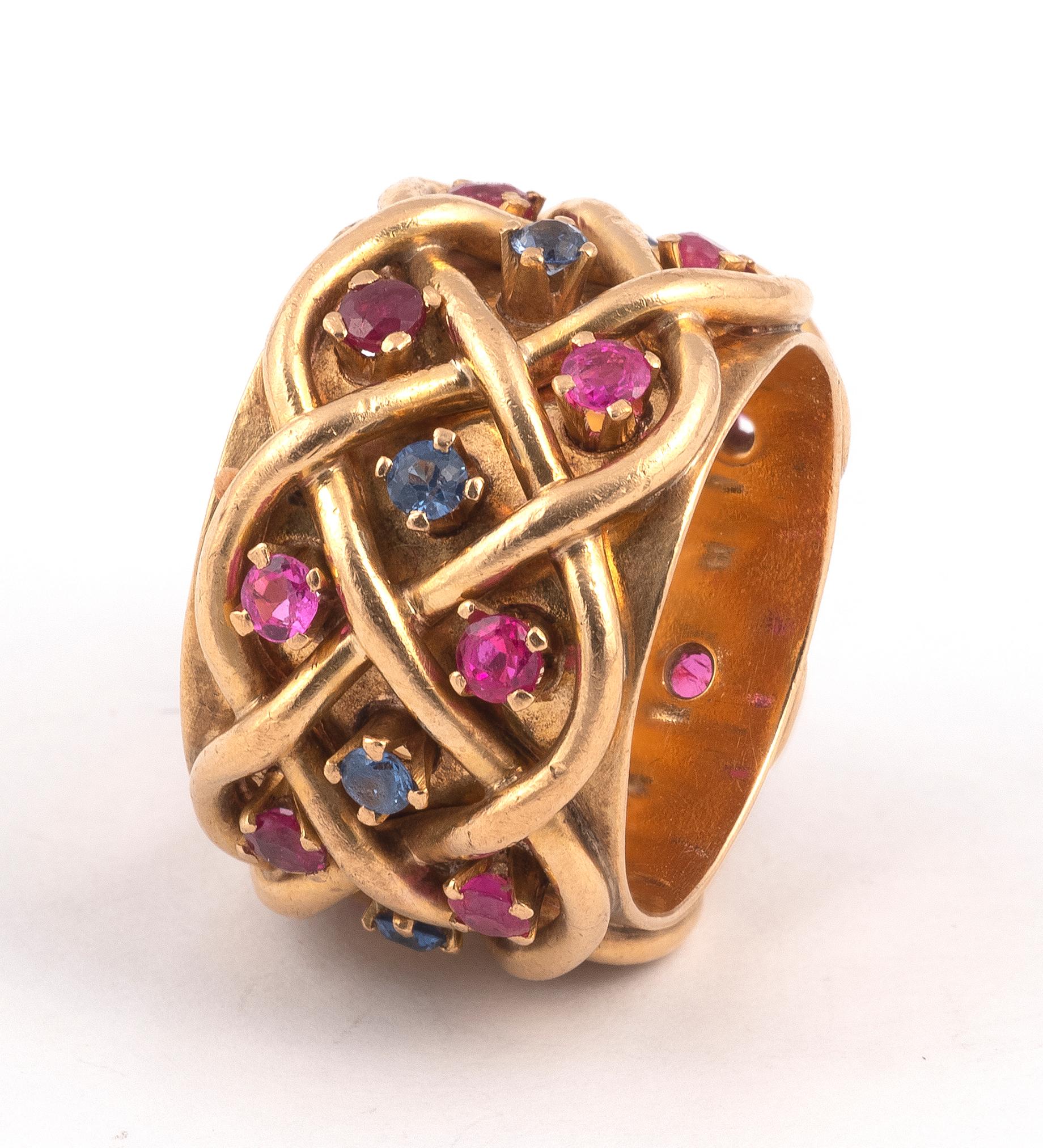 Retro 18ct Gold Sapphire and Ruby Set Band Ring