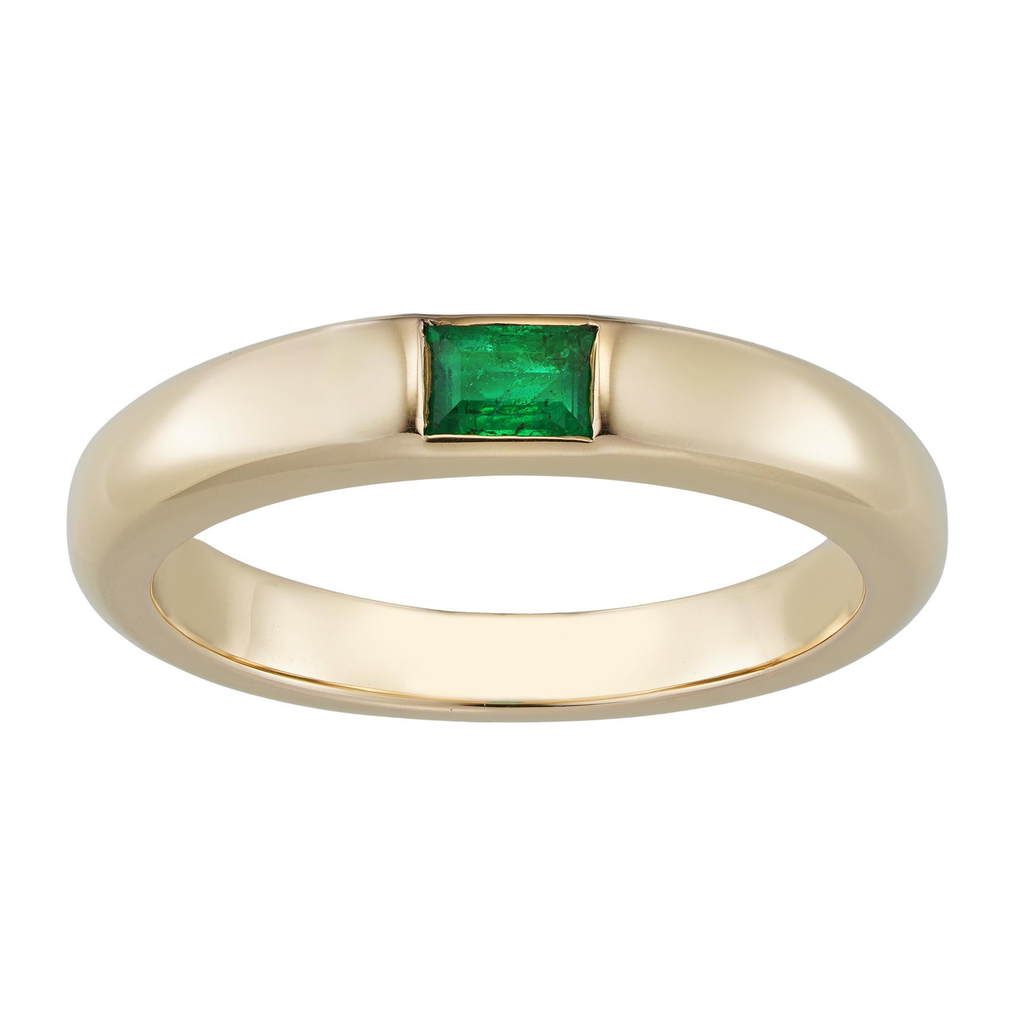 An 18ct rose gold Bentley & Skinner 'token' ring with a horizontally-aligned baguette-cut emerald, measuring approximately 3.9mm x 2.8 x 2.0mm, the rose gold band tapering from 3.7mm - 2.7mm, hallmarked London, Bentley & Skinner sponsor's mark, size