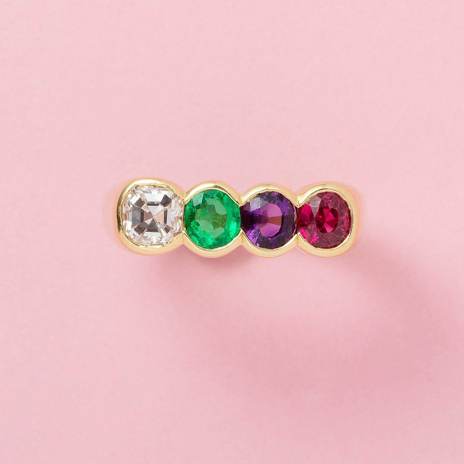 Un anello vintage in oro giallo 18 carati con la parola DEAR scritta con le prime lettere delle seguenti gemme: diamante (circa 0,50 ct.). F/VVS), smeraldo (circa 0,25 ct), ametista (circa 0,25 ct) e rubino (circa 0,35 ct), Francia.

peso: 7,4