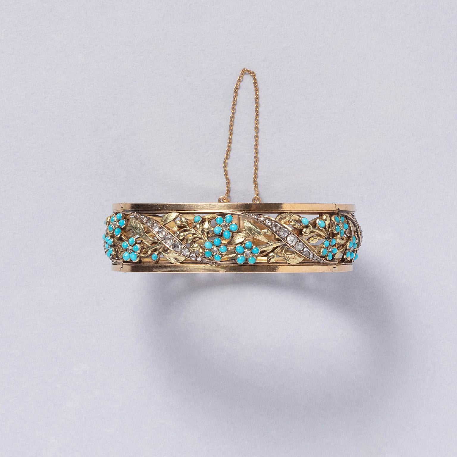 Women's or Men's An 18k gold bracelet with turquoise and diamond For Sale