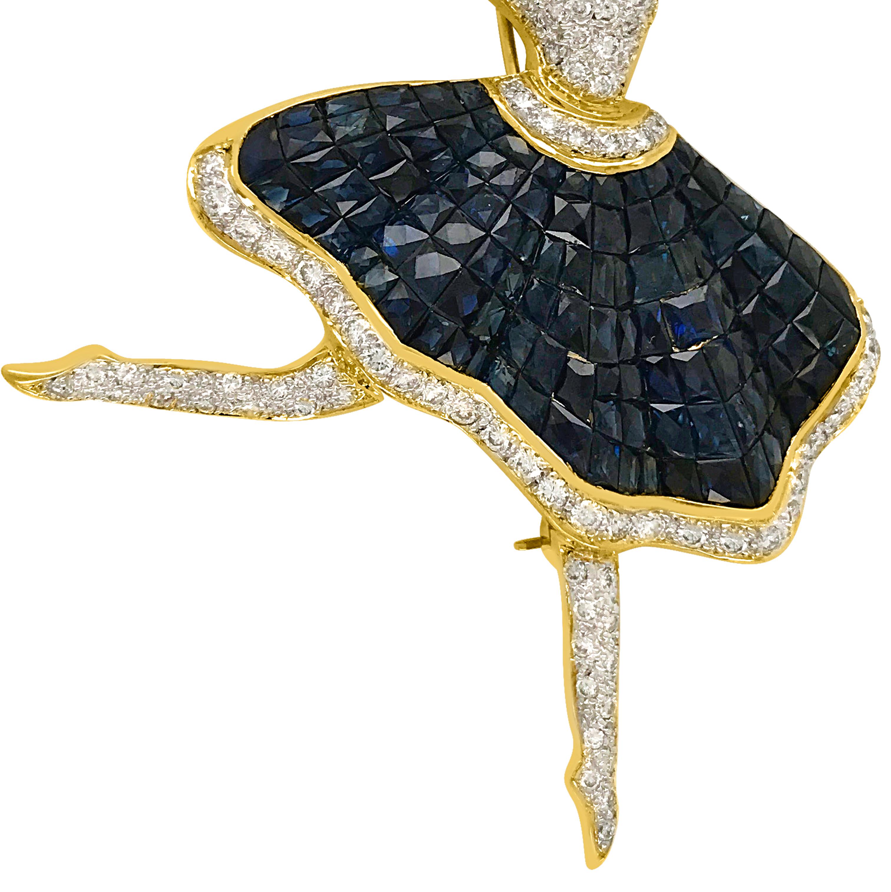 Round Cut 18 Karat Gold Diamond and Sapphire Ballerina Brooch