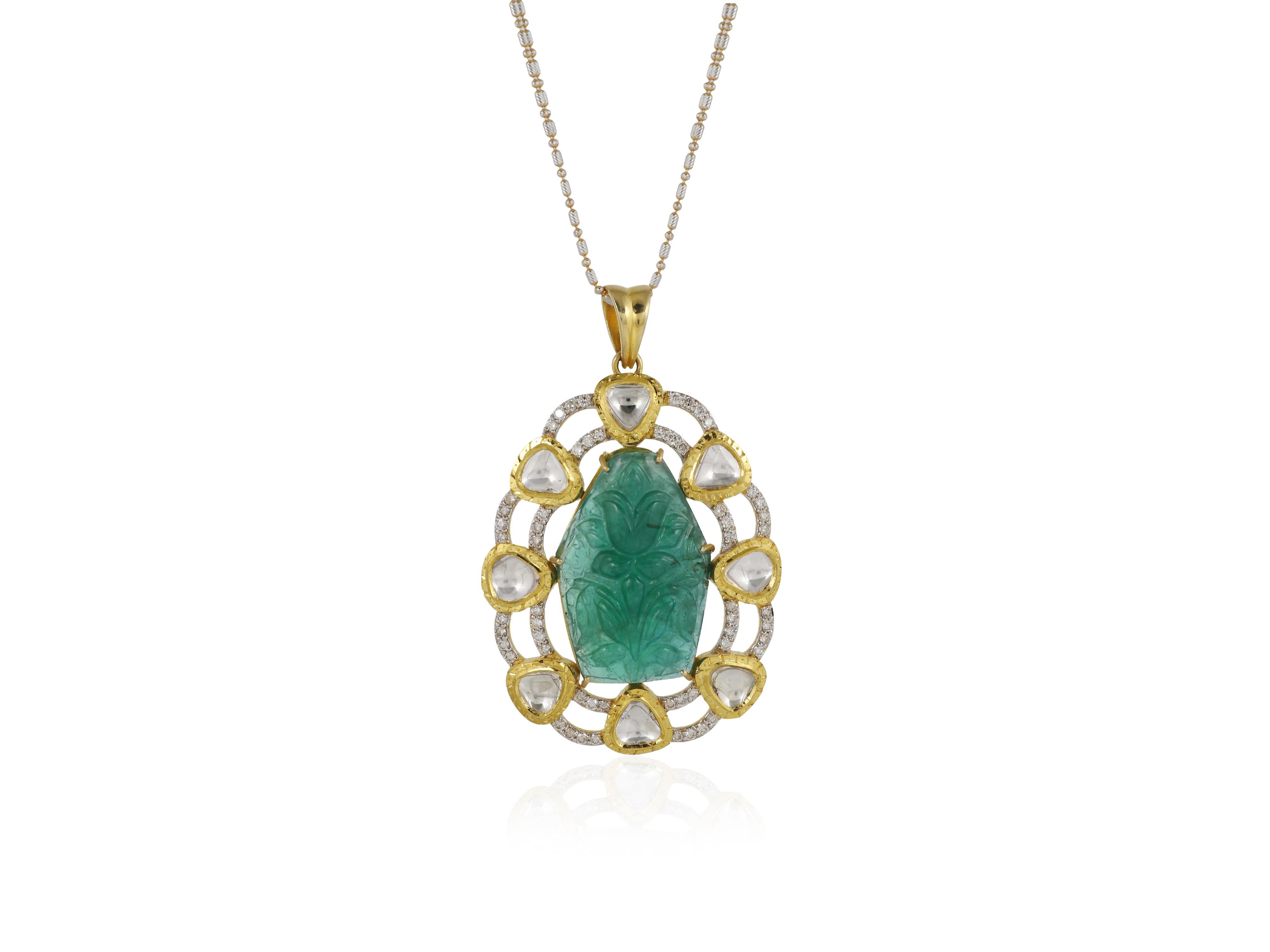 An 18K gold emerald carving pendant set with natural full cut and uncut diamonds For Sale 1