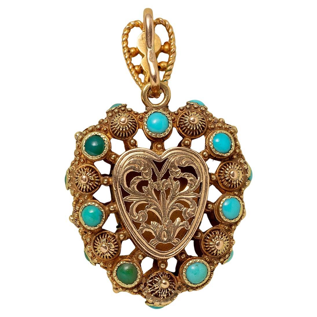 Relicario georgiano de oro de 18 quilates con forma de corazón y turquesa