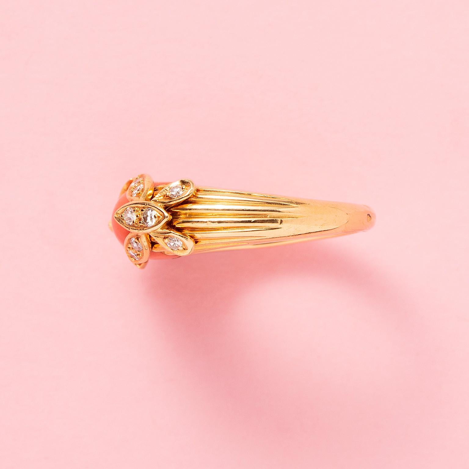 Brilliant Cut An 18k Gold Jean & Pierre Bellin Ring with Coral and Diamond Flowers For Sale