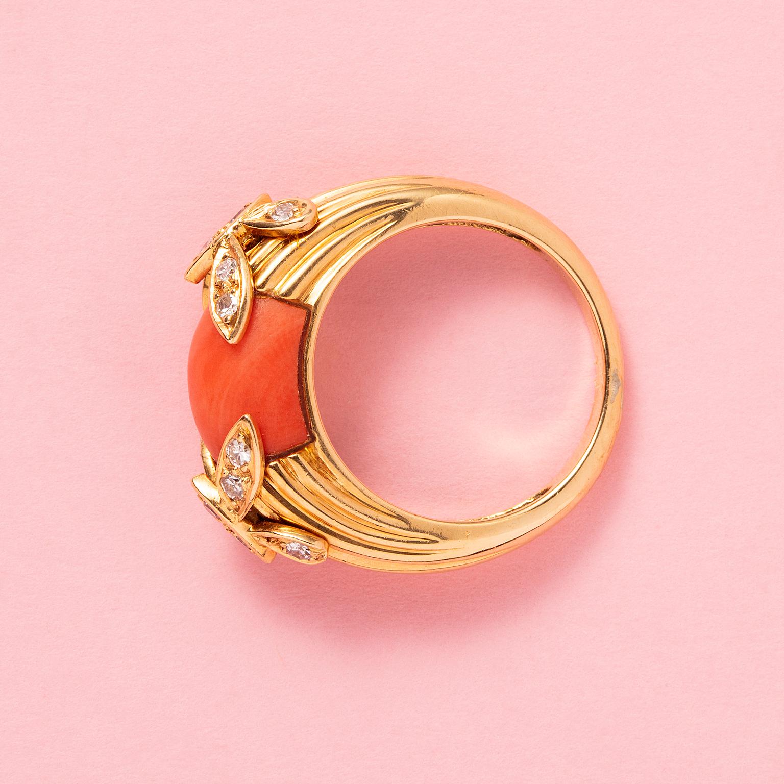 Women's or Men's An 18k Gold Jean & Pierre Bellin Ring with Coral and Diamond Flowers For Sale