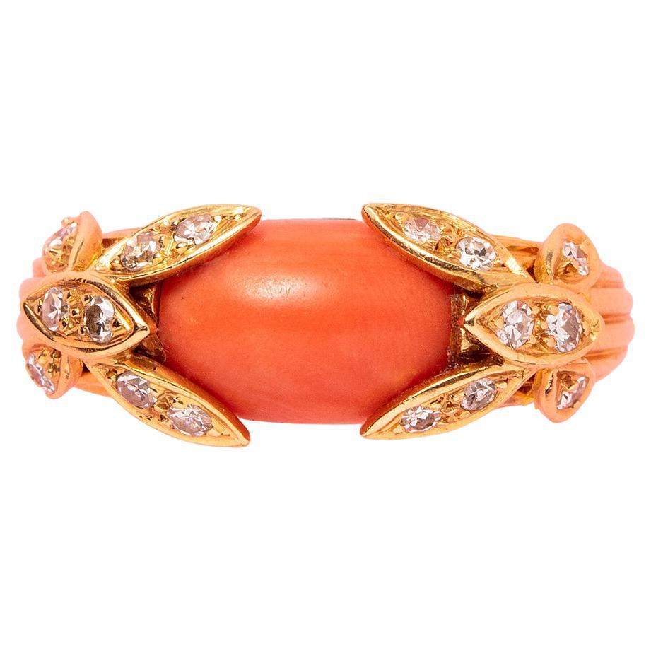 An 18k Gold Jean & Pierre Bellin Ring with Coral and Diamond Flowers For Sale