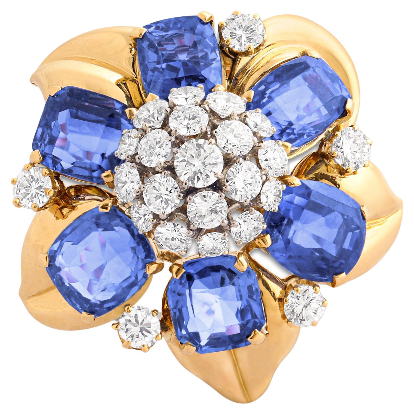 18k Gold, Sapphire & Diamond Flower Brooch by Bulgari