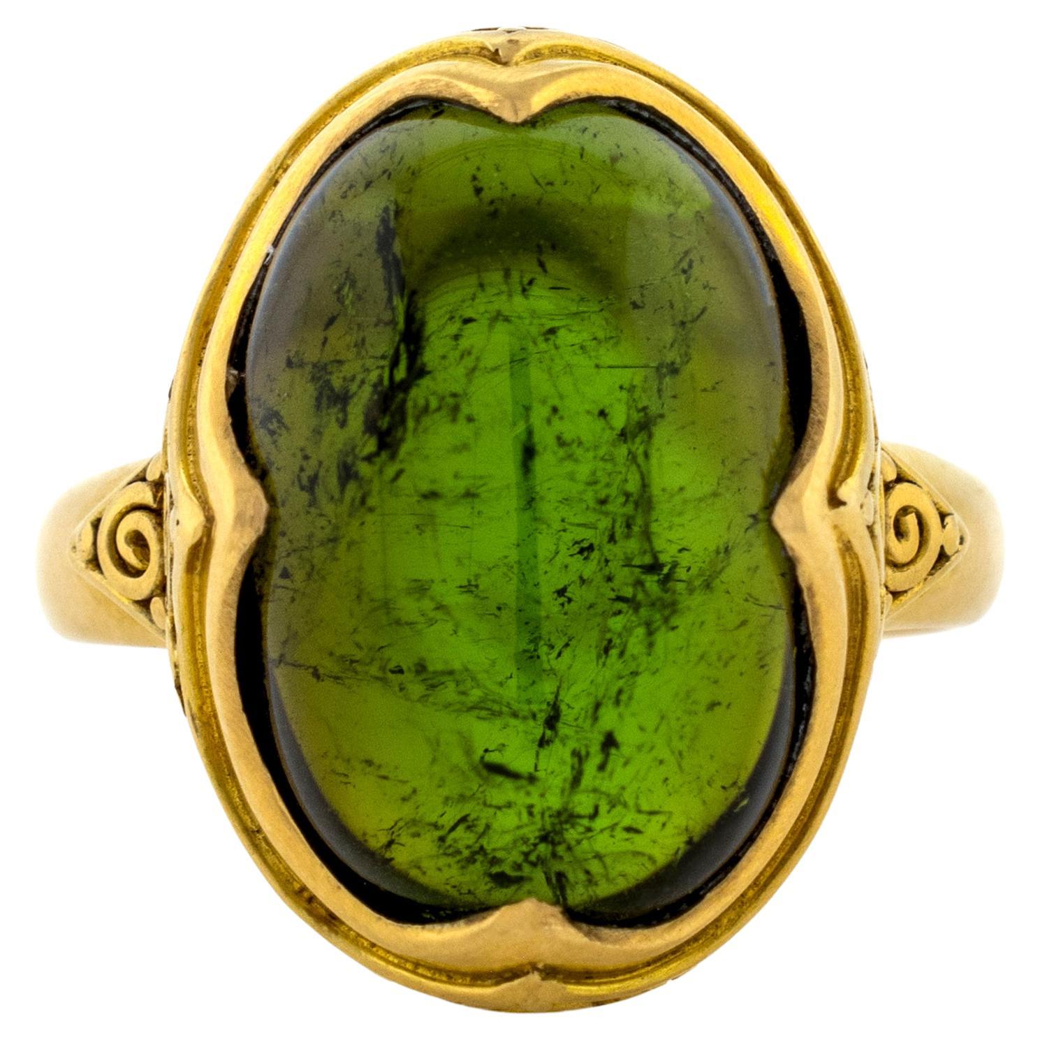 An 18k Handmade Yellow Gold Art Nouveau Style with Cabochon Green Tourmaline