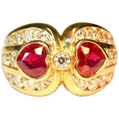 18 Karat Two Hearts Burma Pigeon Blood Ruby and Diamond Ring