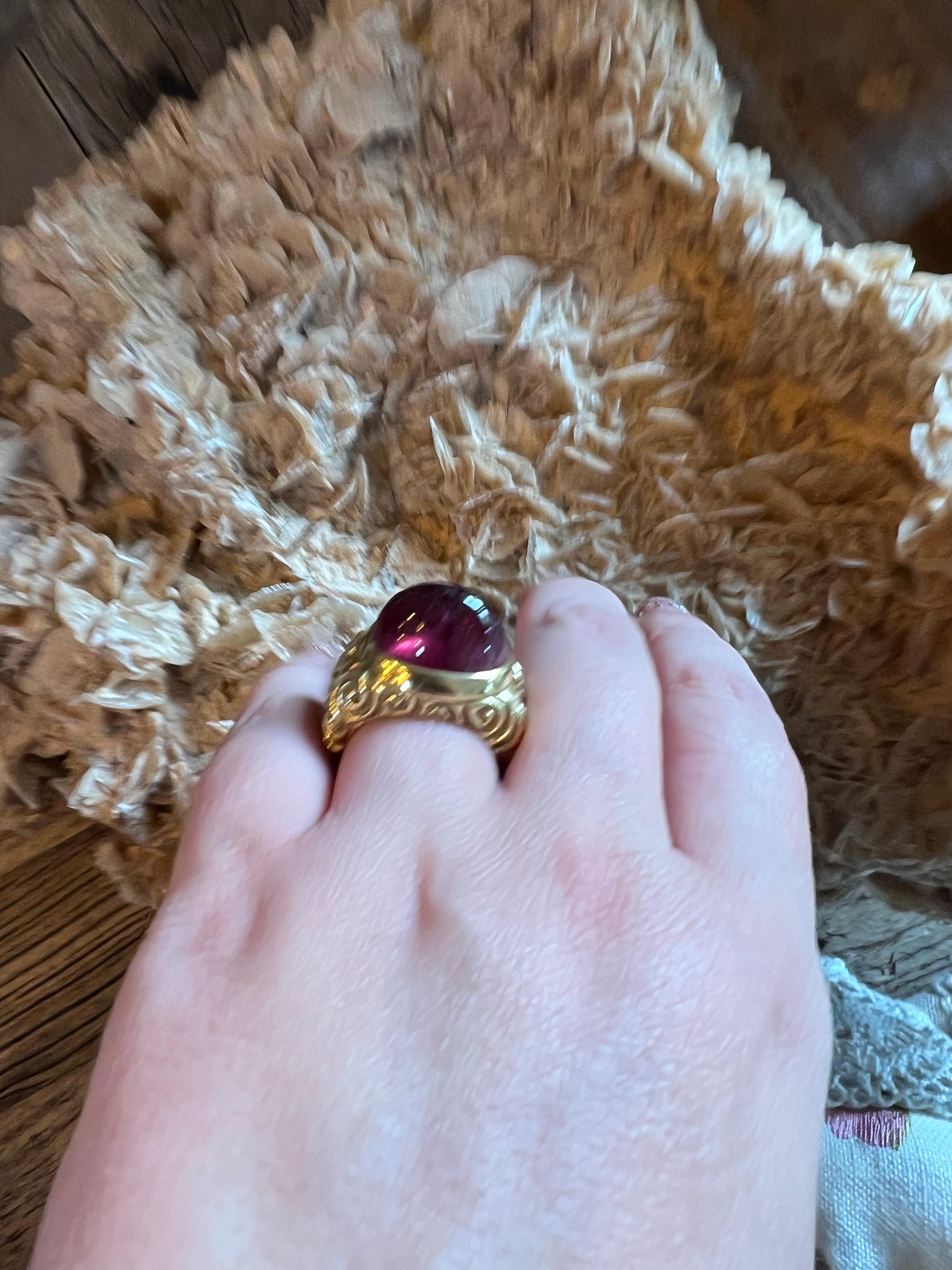An 18k yellow gold and pink Tourmaline ring By Elizabeth Gage. For Sale 9