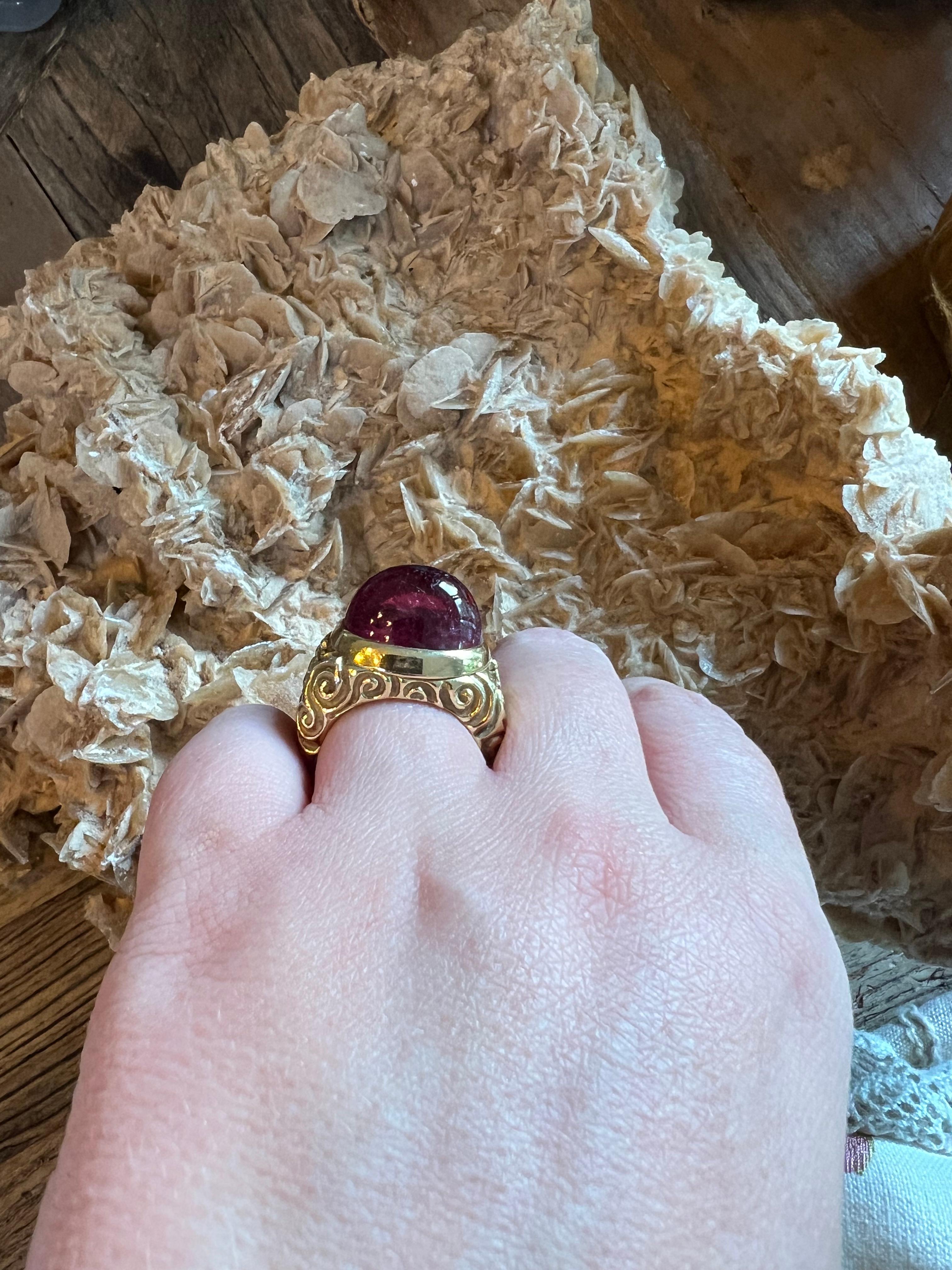 Women's or Men's An 18k yellow gold and pink Tourmaline ring By Elizabeth Gage. For Sale