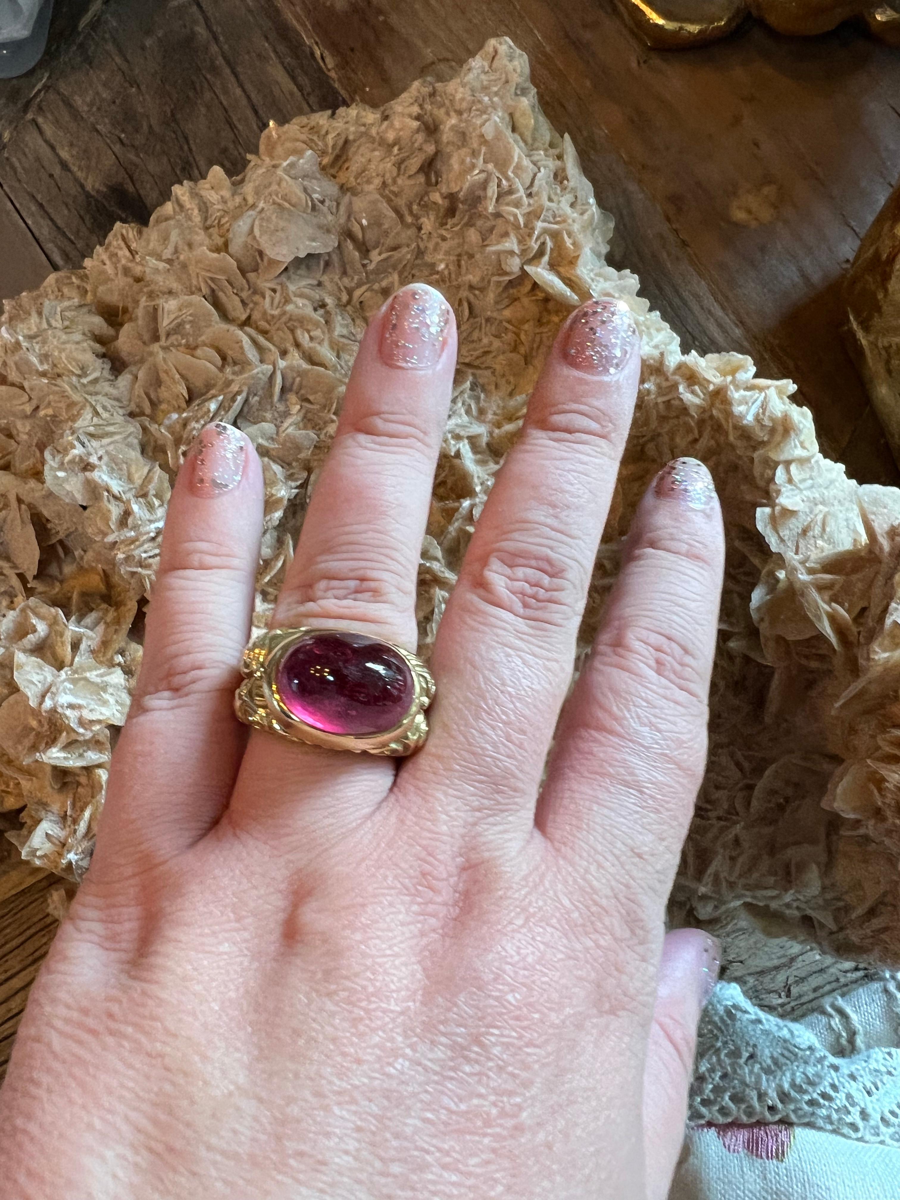 An 18k yellow gold and pink Tourmaline ring By Elizabeth Gage. For Sale 1