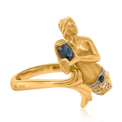 18 Karat Yellow Gold, Diamond and Sapphire Mermaid Motif Ring, Carrera y Carrera