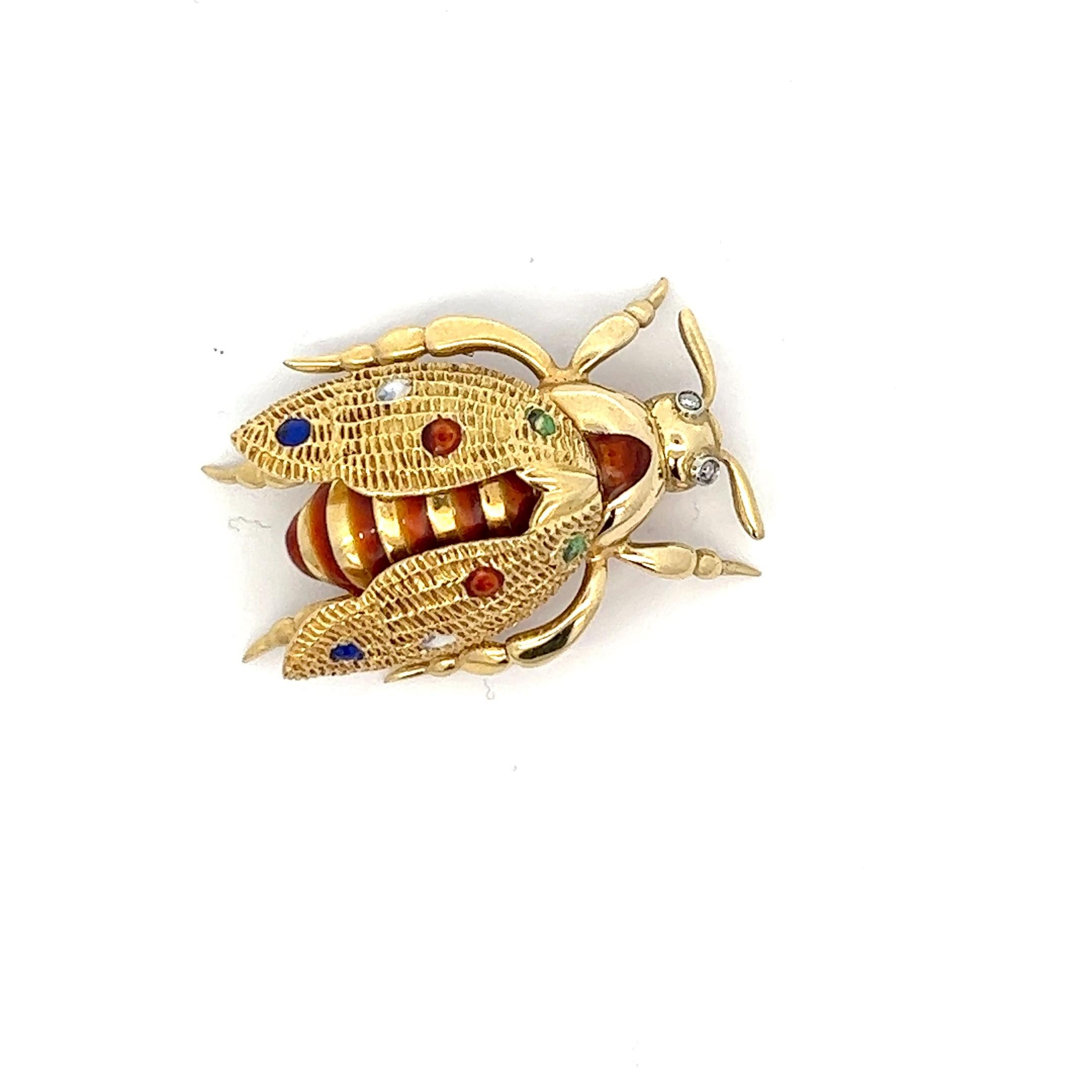 An 18k yellow gold, vari-colored enamel and Diamond beetle brooch by Marco Rigoni.

Total Diamond weight: c irca 0.02ct, graded while in setting.

Origin: Alessandria, Italy.
Age: circa 1970.
Measurements: Circa 3.5 by 2.4 cm.
Weight: circa 12.7