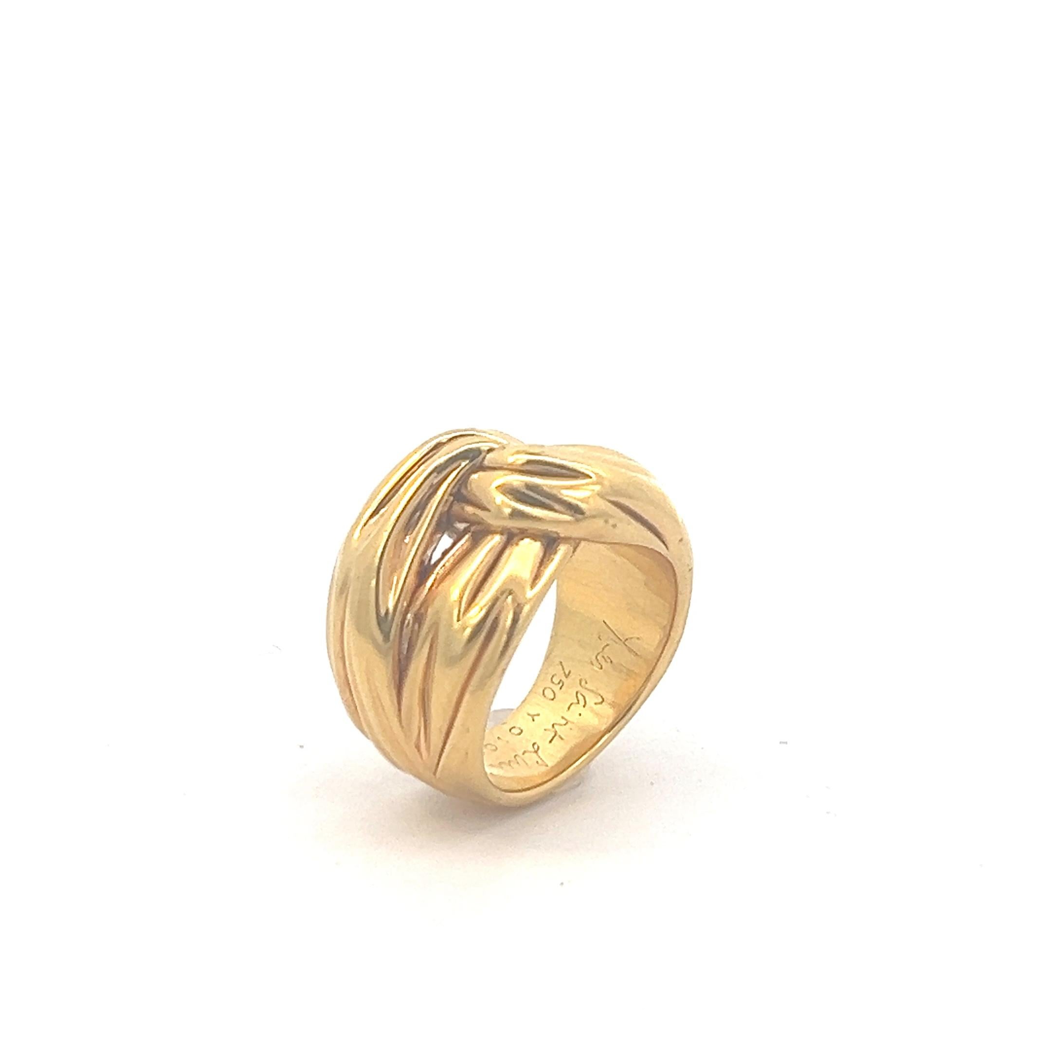 An 18k yellow gold ring by Yves Saint Laurent.

Origin: France.
Age: Circa 1990.
Ring size: 52. We advise against resizing this ring.
Weight: Circa 7 grams. 
Hallmarks: Marked with the French hallmark for 18k gold and a French maker’s mark.
Signed: