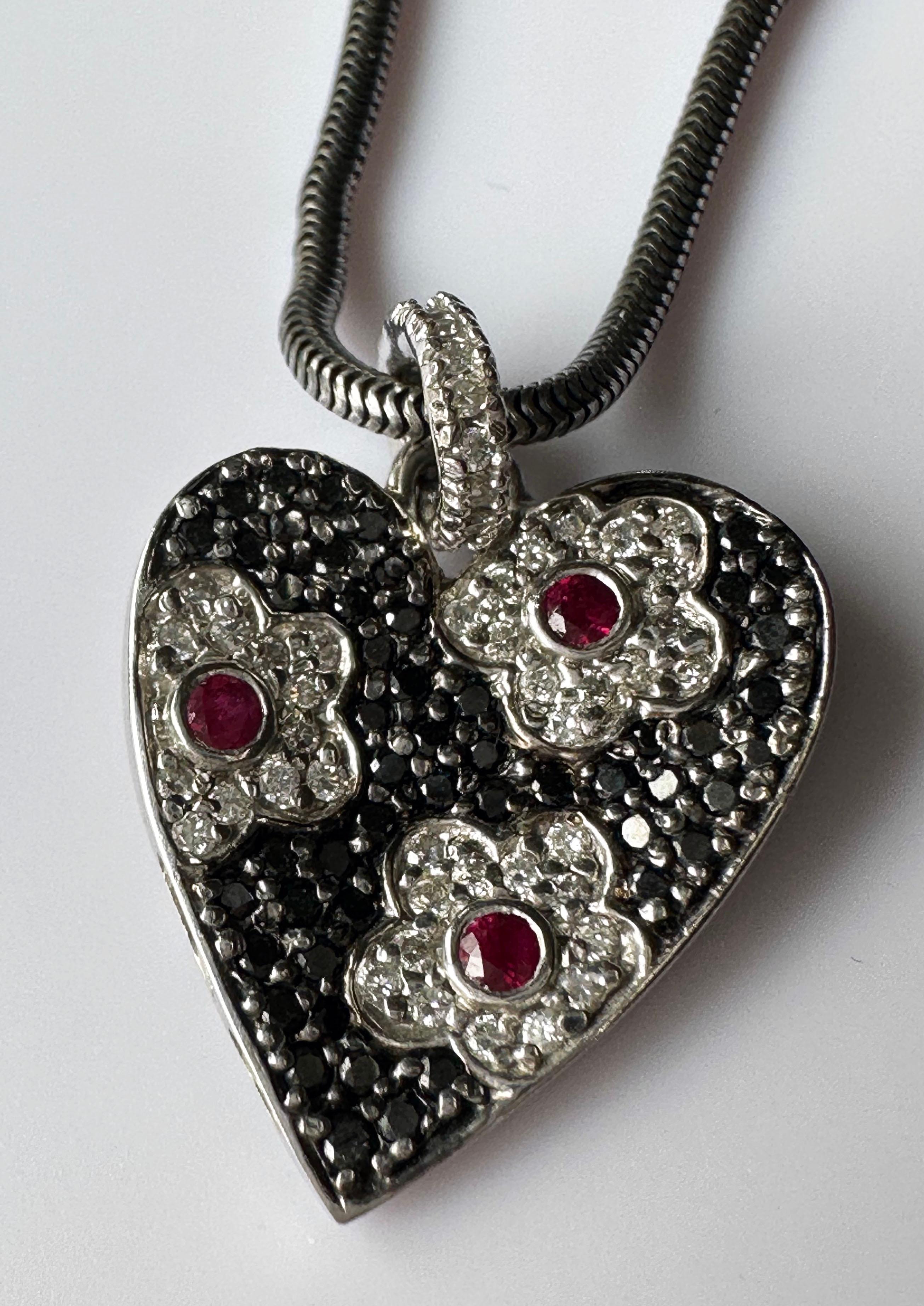 An 18kt White Gold Heart Shaped Pendant set with Rubies & Diamonds. For Sale 8