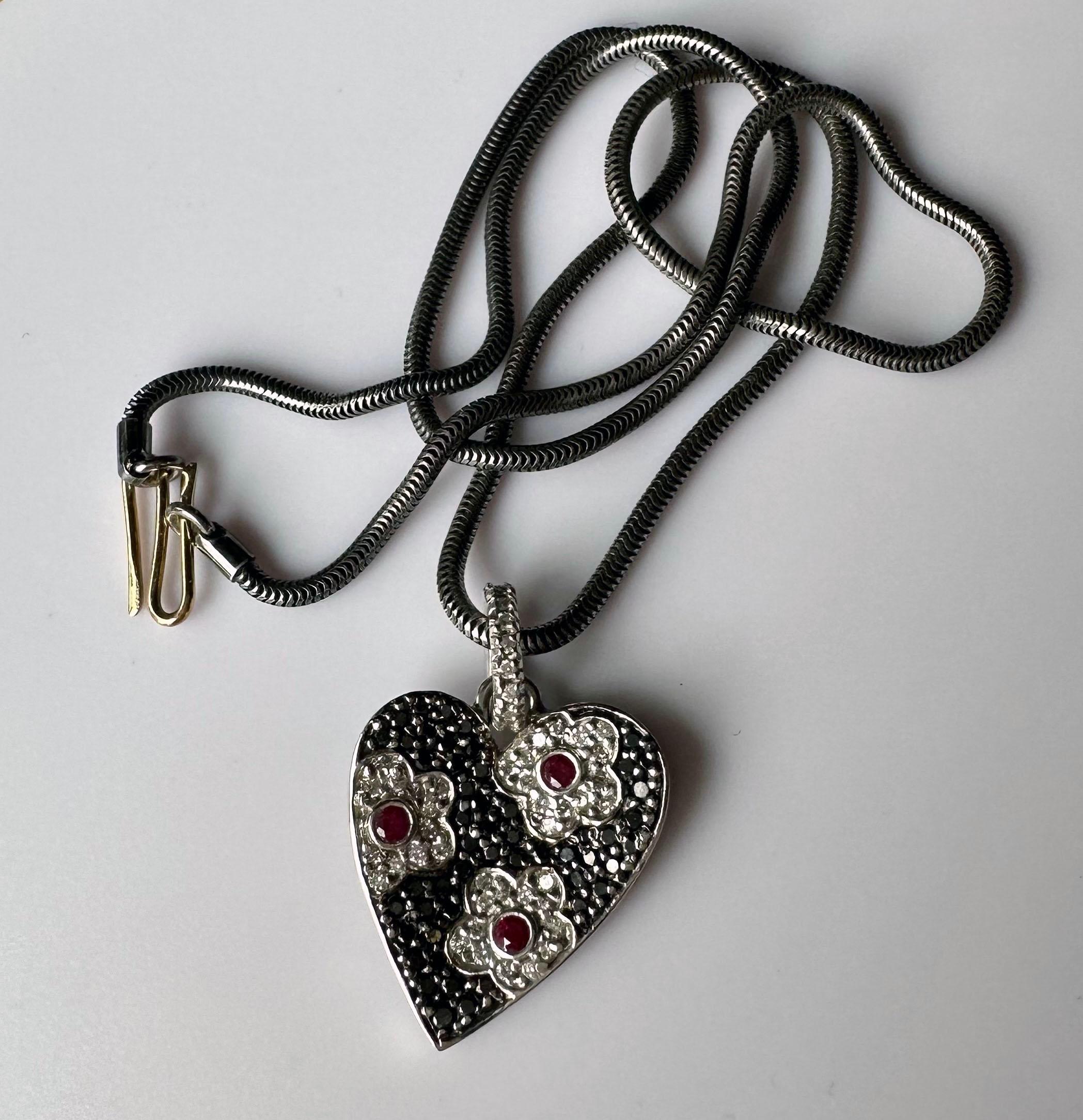 Contemporary An 18kt White Gold Heart Shaped Pendant set with Rubies & Diamonds. For Sale