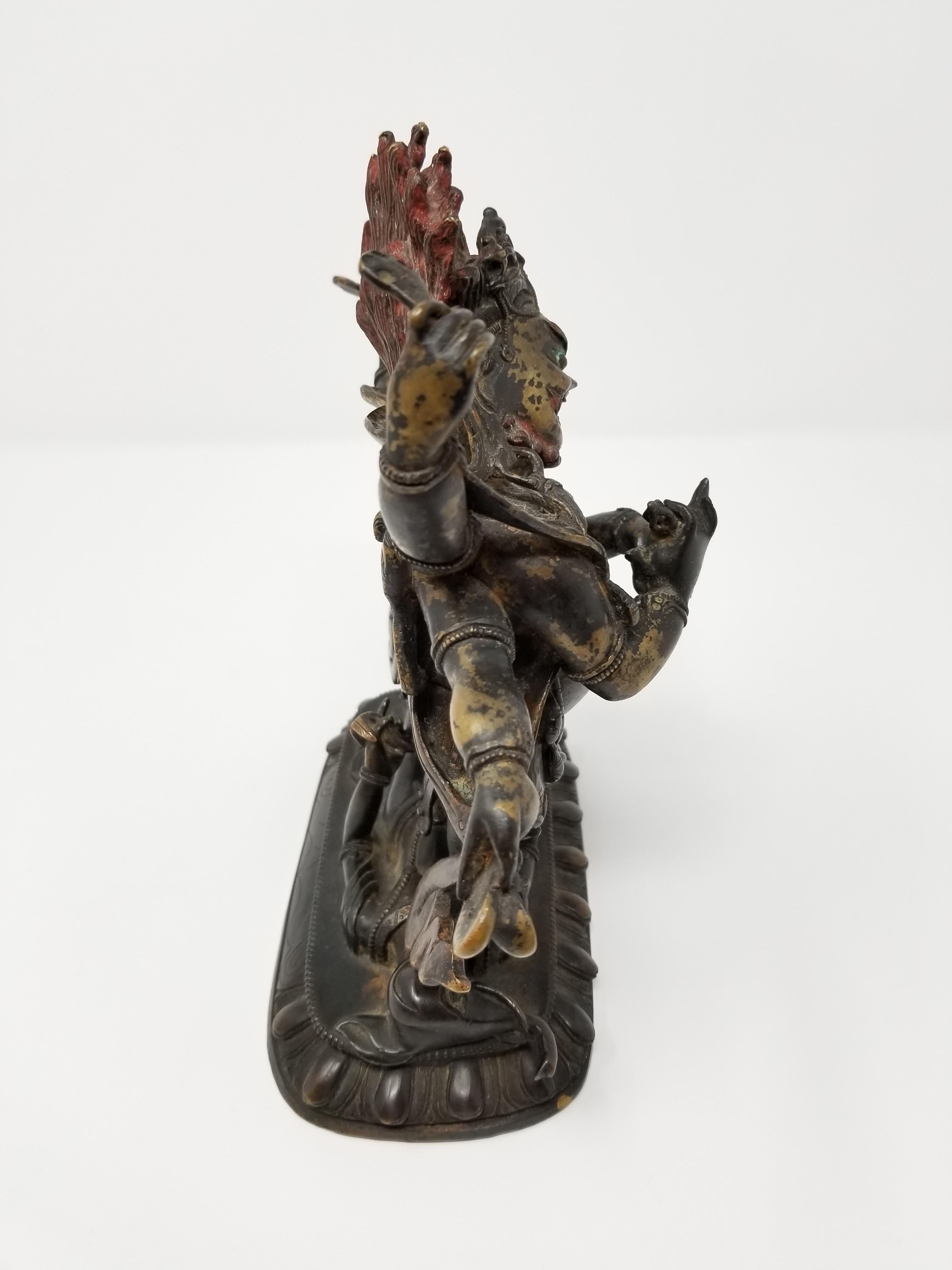 19th Century Tibetan Polychrome Lacquered Bronze Figure of 6-Armed Mahakala In Good Condition In New York, NY