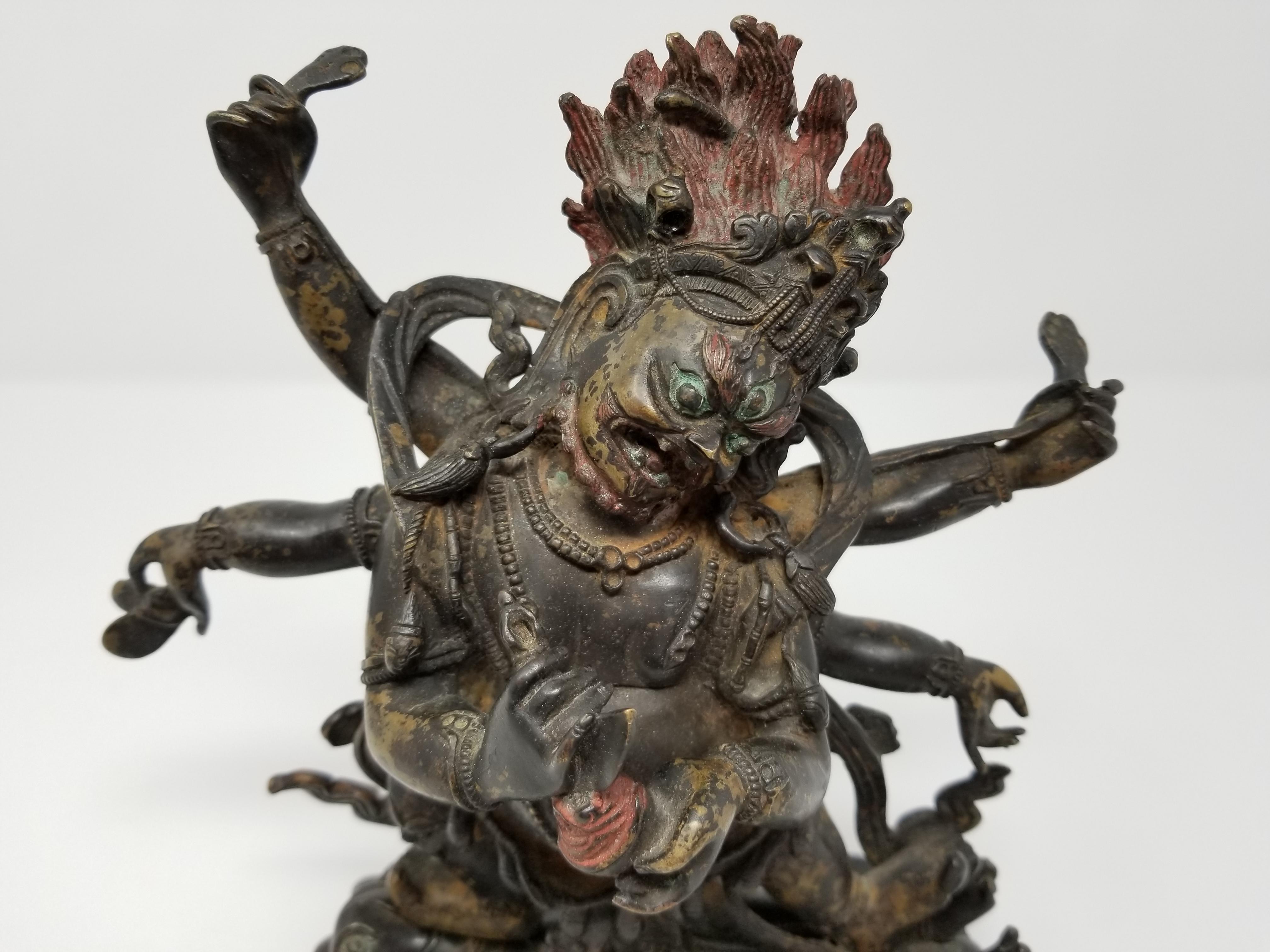 19th Century Tibetan Polychrome Lacquered Bronze Figure of 6-Armed Mahakala 1