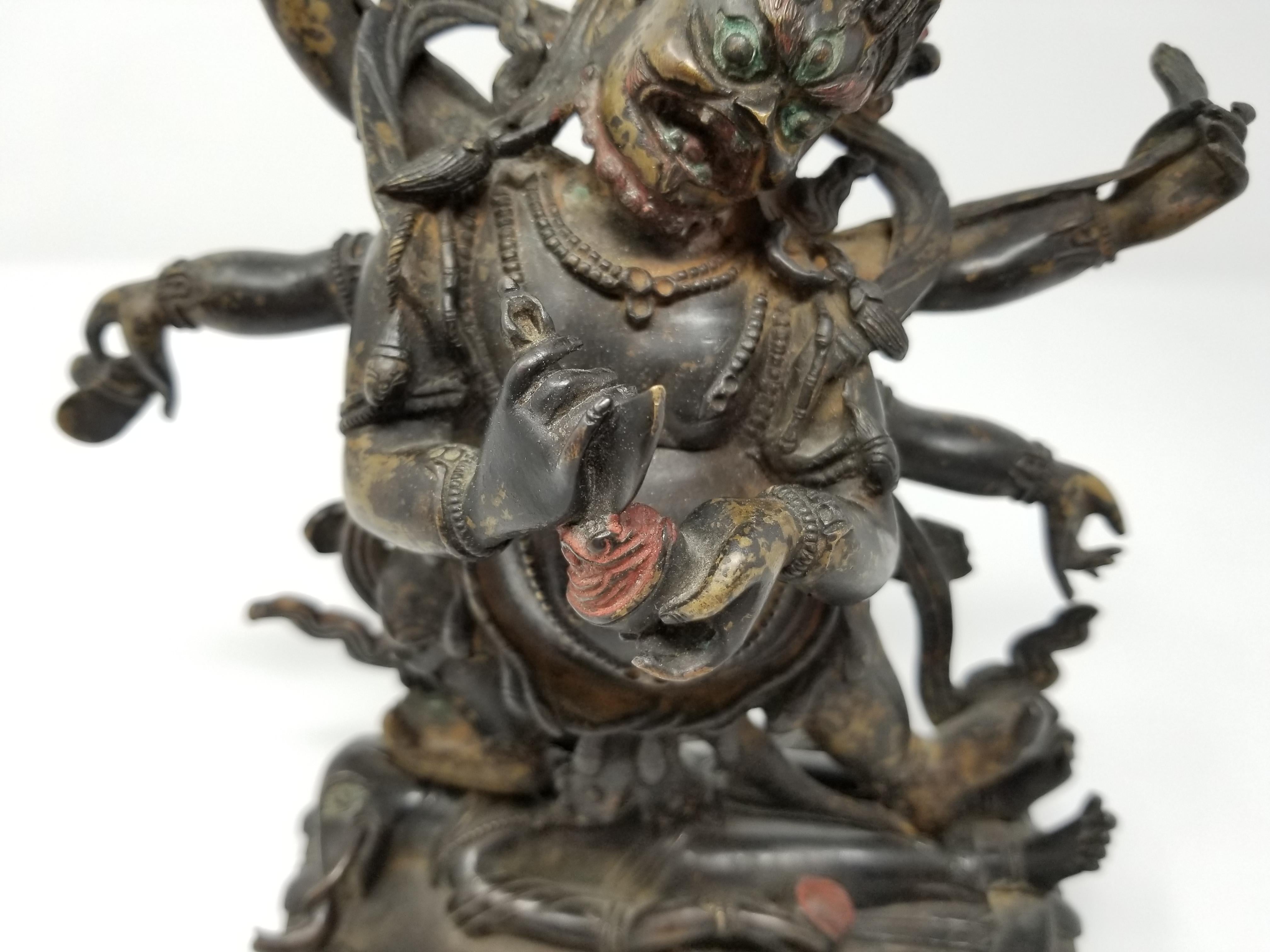 19th Century Tibetan Polychrome Lacquered Bronze Figure of 6-Armed Mahakala 2