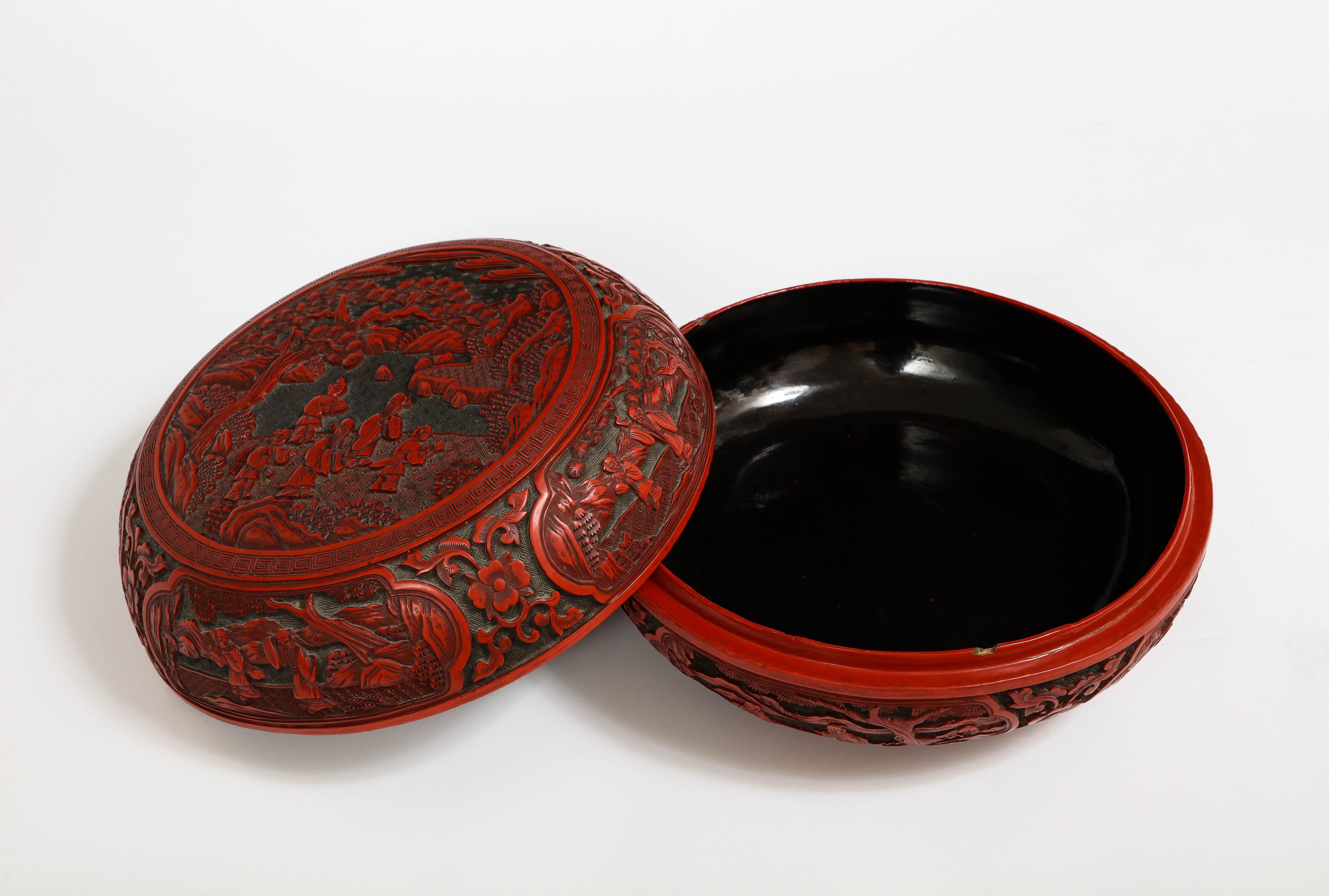 18th/19th Century Chinese Cinnabar Circular Box with Multiple Cartouches  For Sale 3