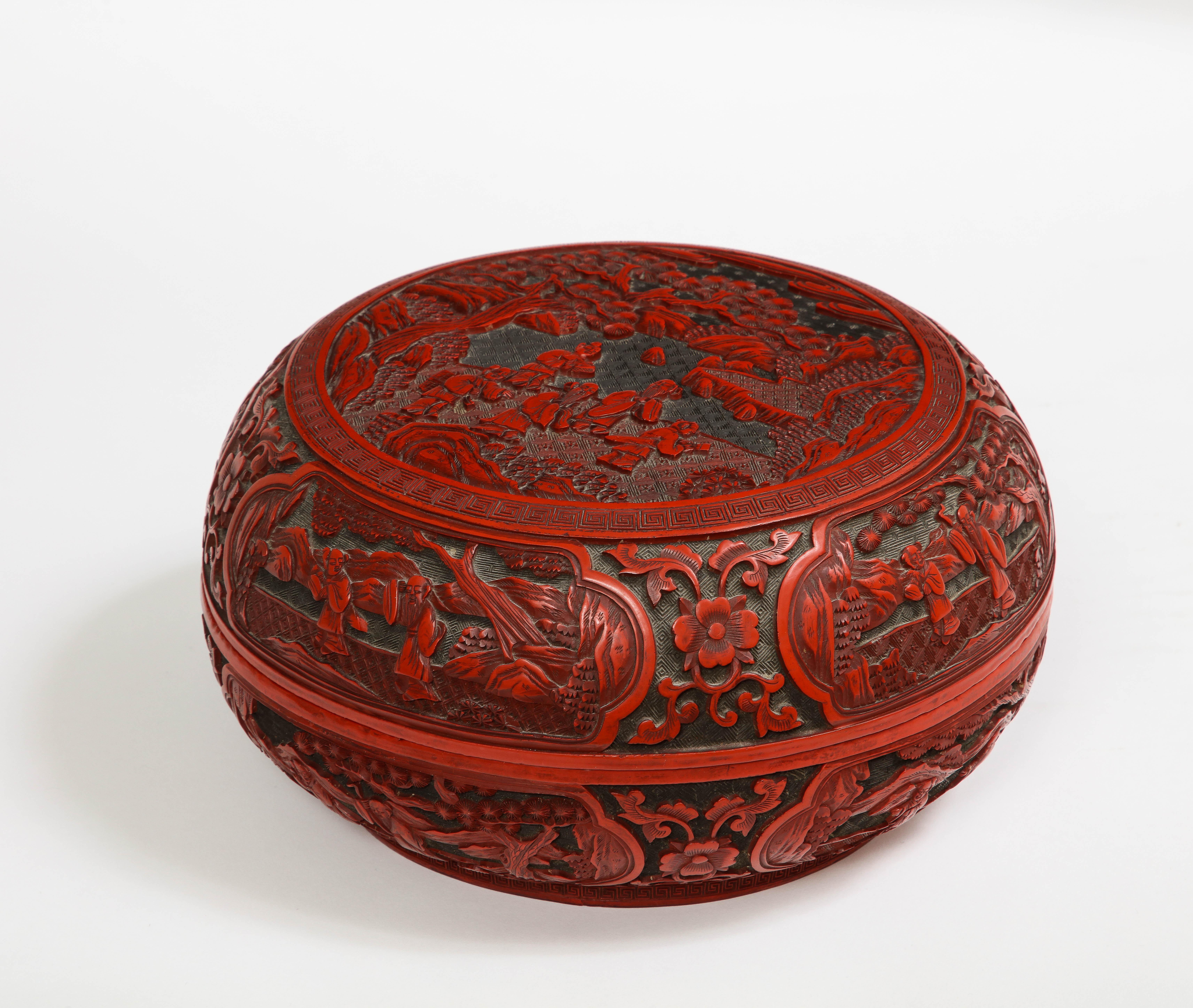 Qing 18th/19th Century Chinese Cinnabar Circular Box with Multiple Cartouches  For Sale