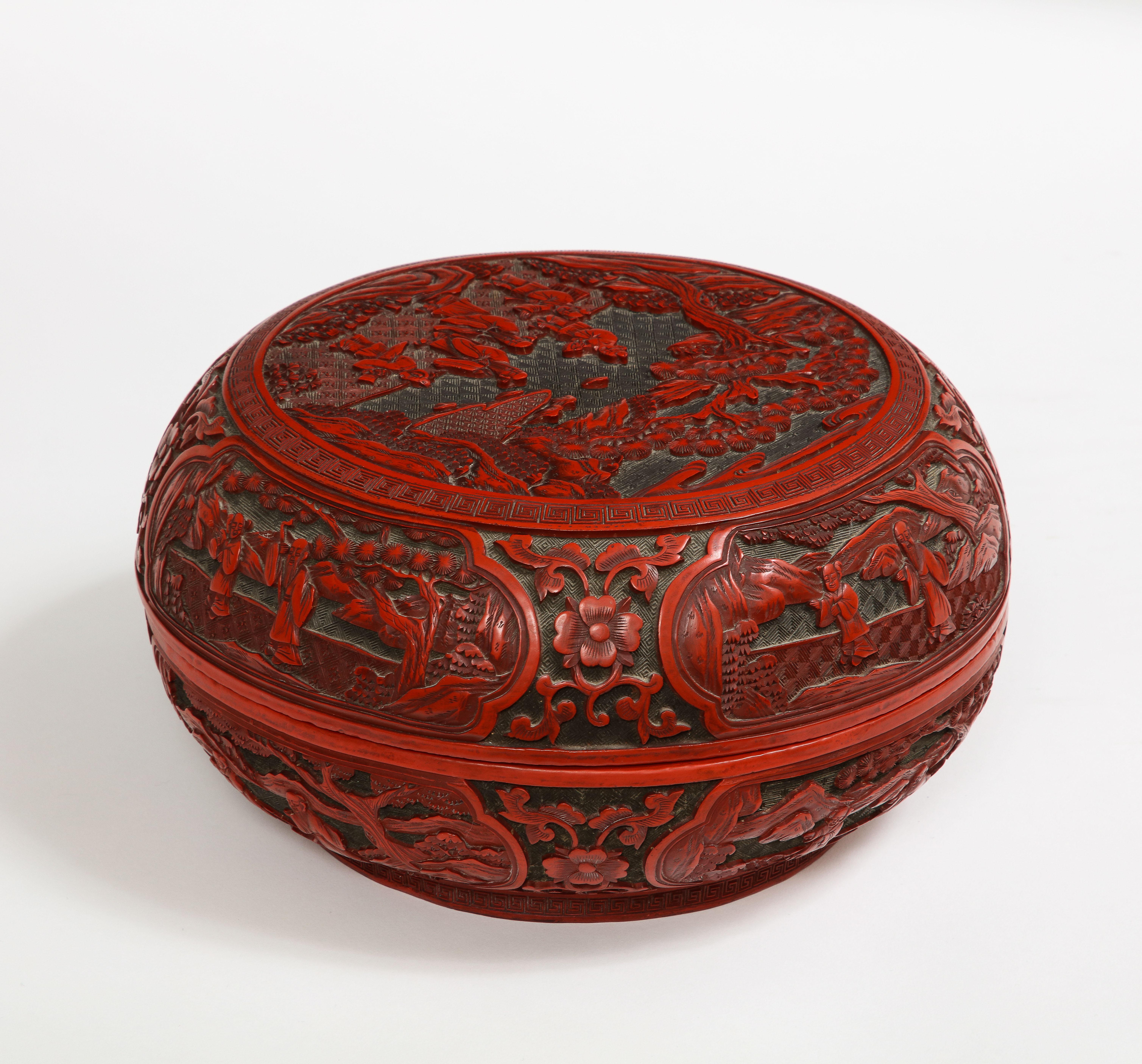 Hand-Painted 18th/19th Century Chinese Cinnabar Circular Box with Multiple Cartouches  For Sale