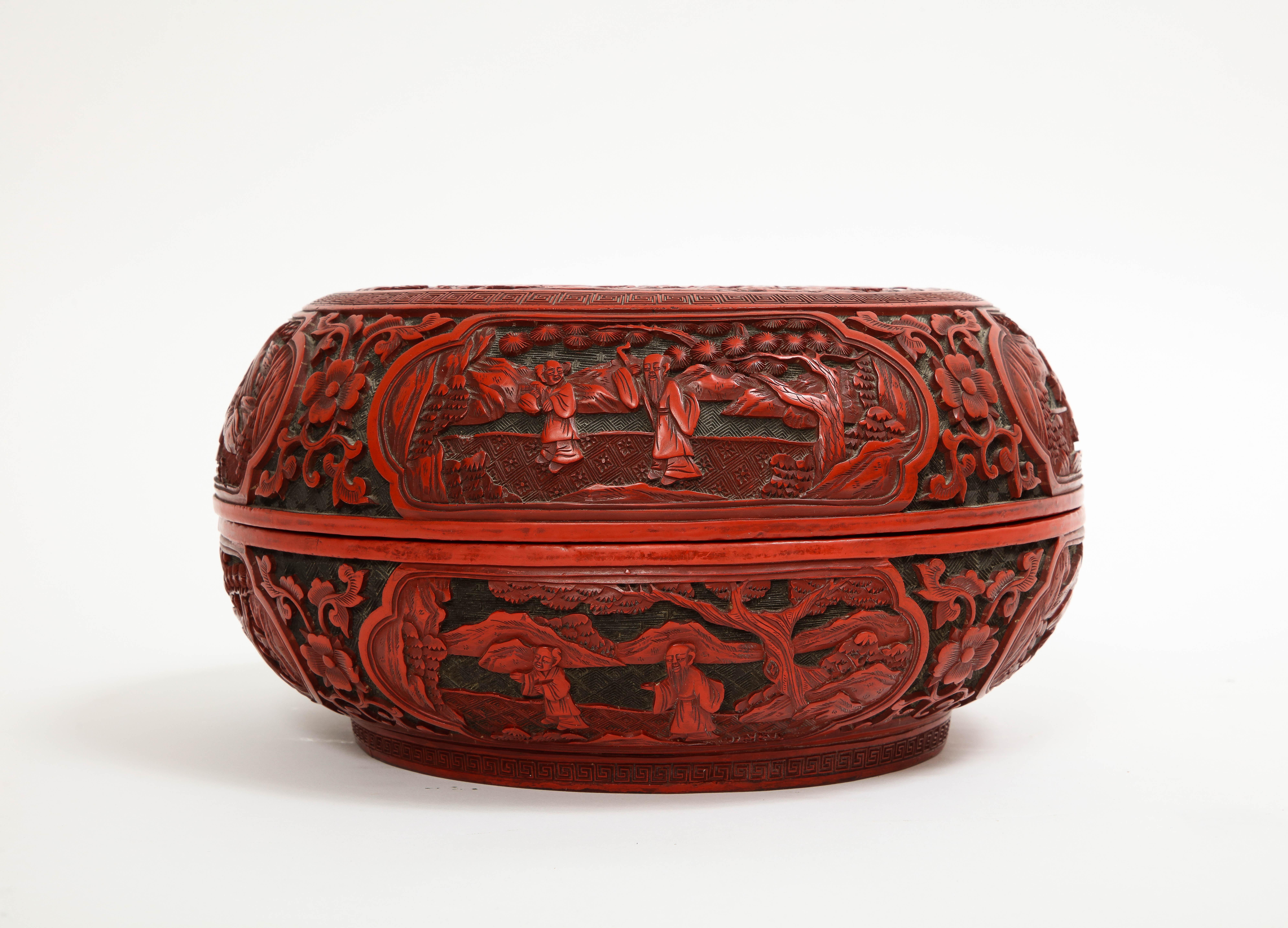 Lacquer 18th/19th Century Chinese Cinnabar Circular Box with Multiple Cartouches  For Sale