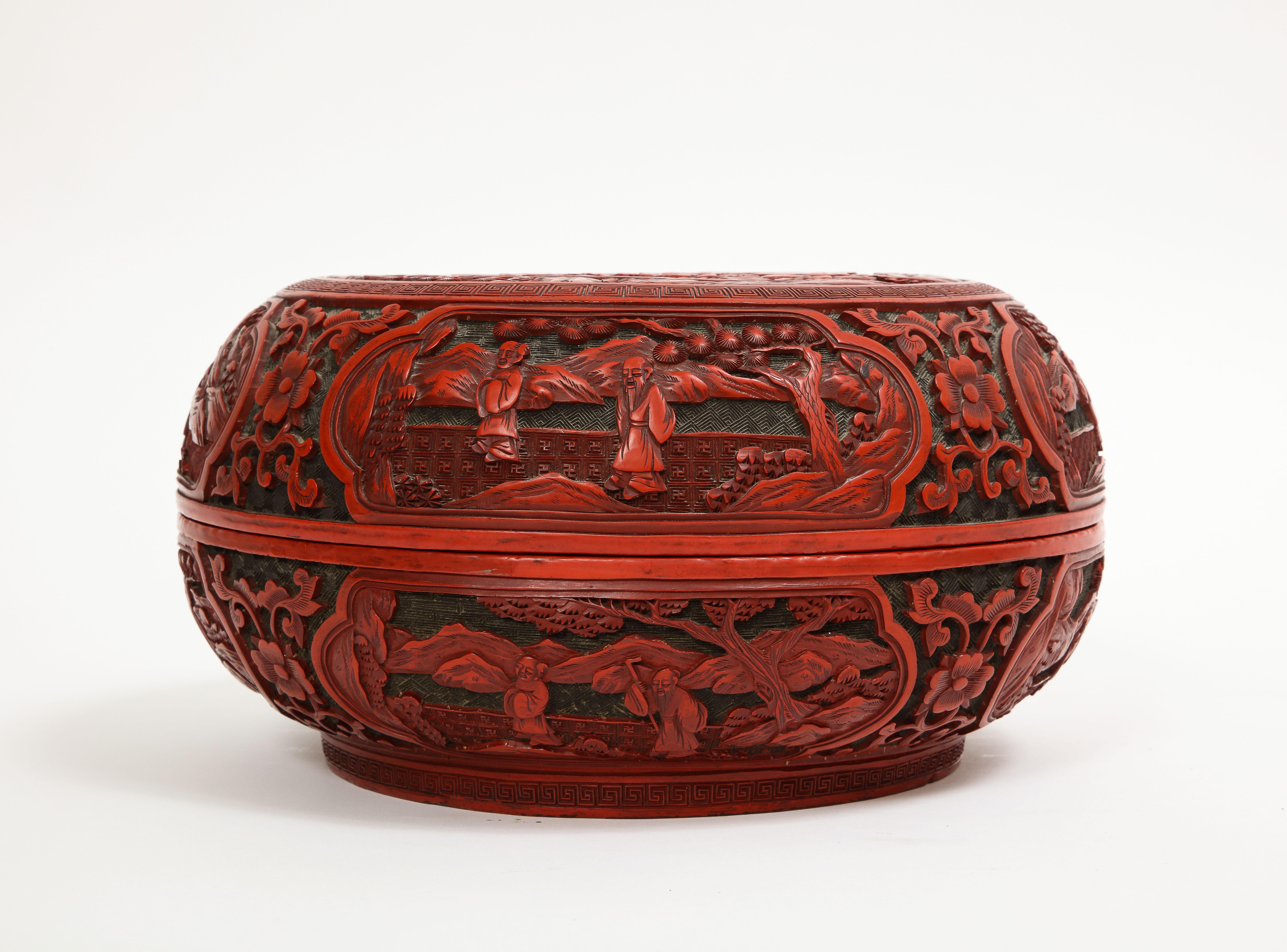 Boîte circulaire chinoise Cinnabar du 18e/19e siècle avec plusieurs cartouches en vente 1