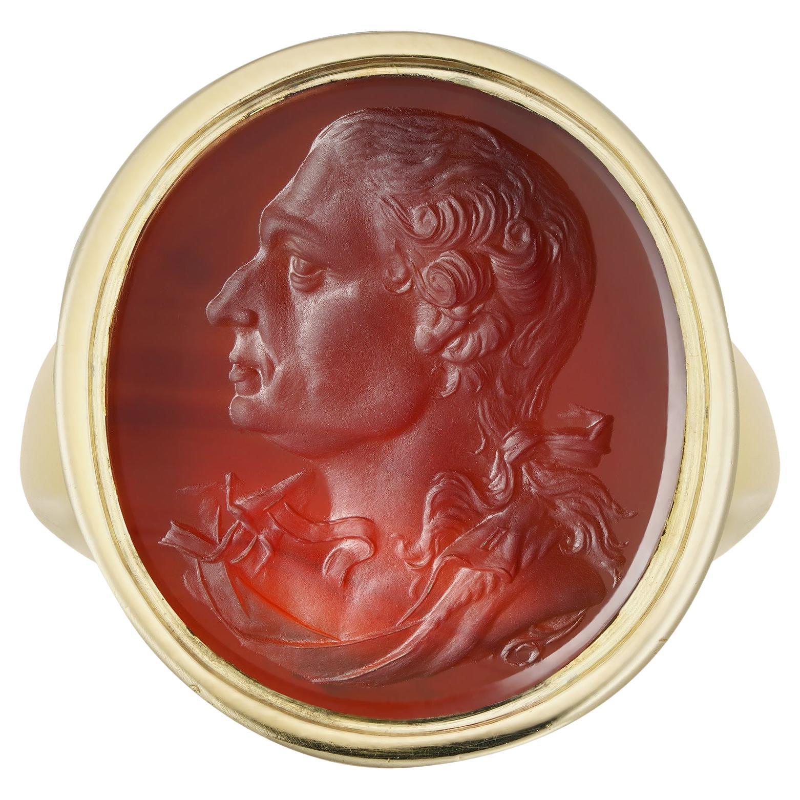 An 18th C Carnelian Intaglio Of David Garrick As A Ring For Sale