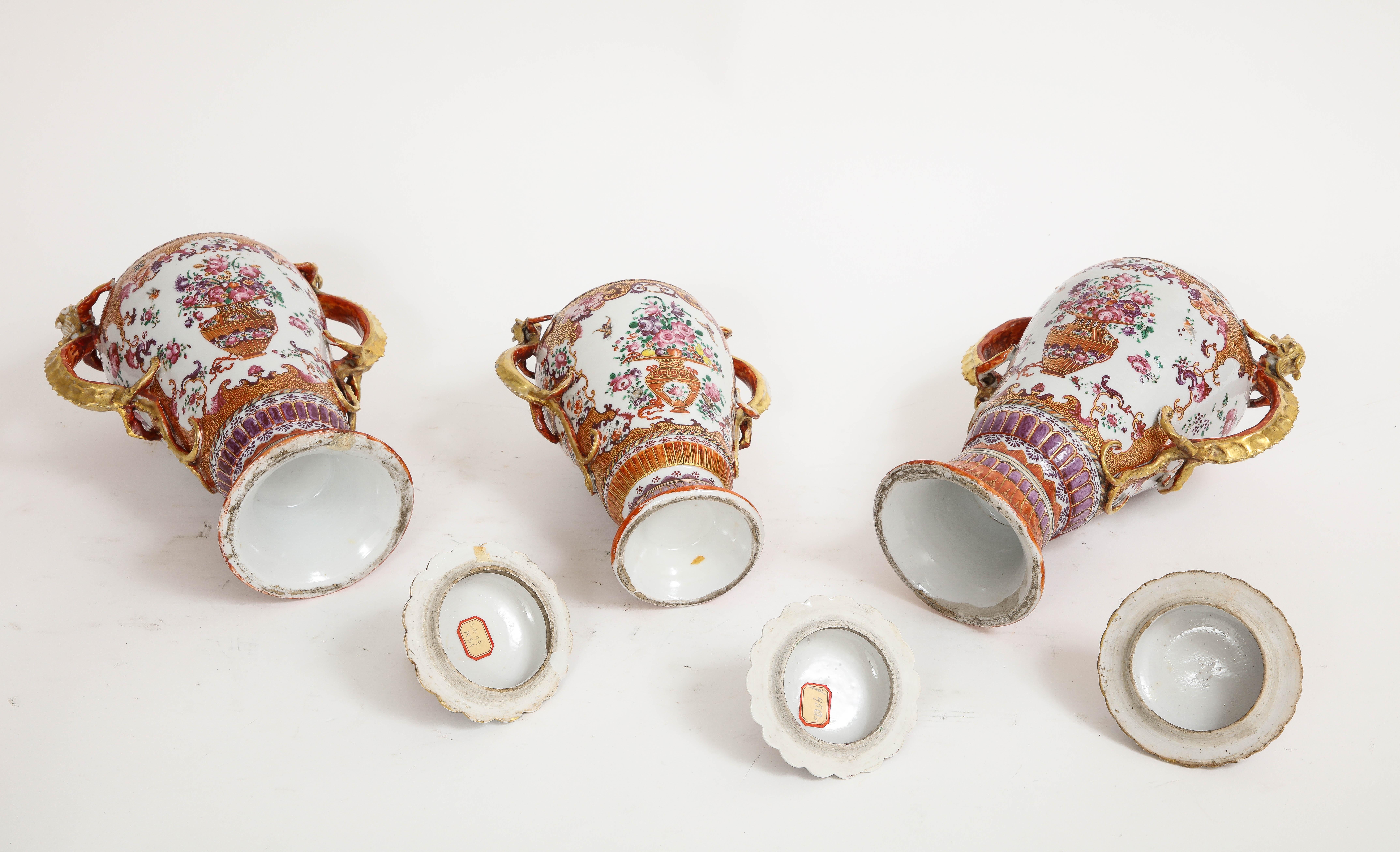 18th C. Chinese Porcelain Famille Rose Mandarin 3-Piece Vase Garniture Set For Sale 8