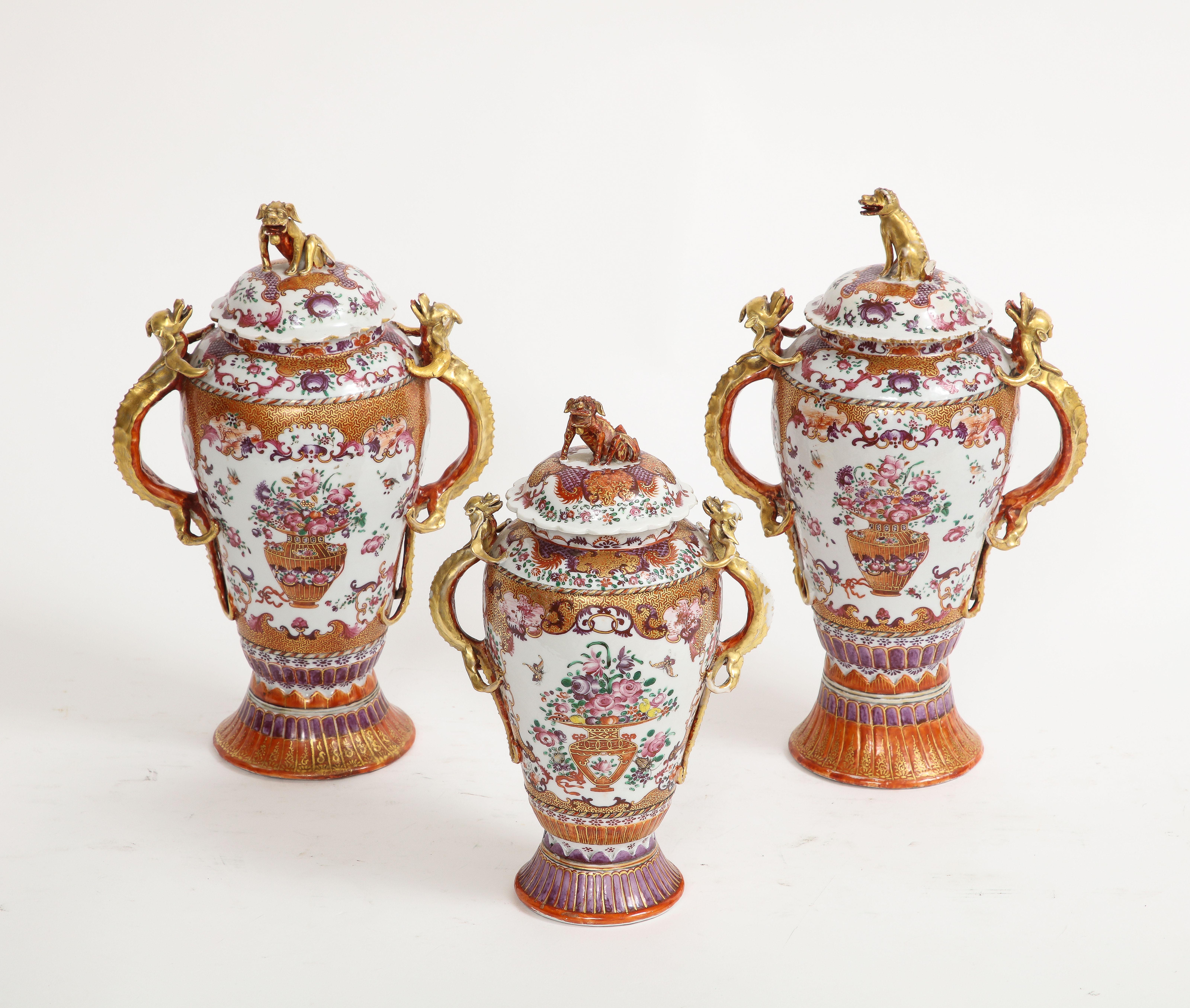 Gilt 18th C. Chinese Porcelain Famille Rose Mandarin 3-Piece Vase Garniture Set For Sale