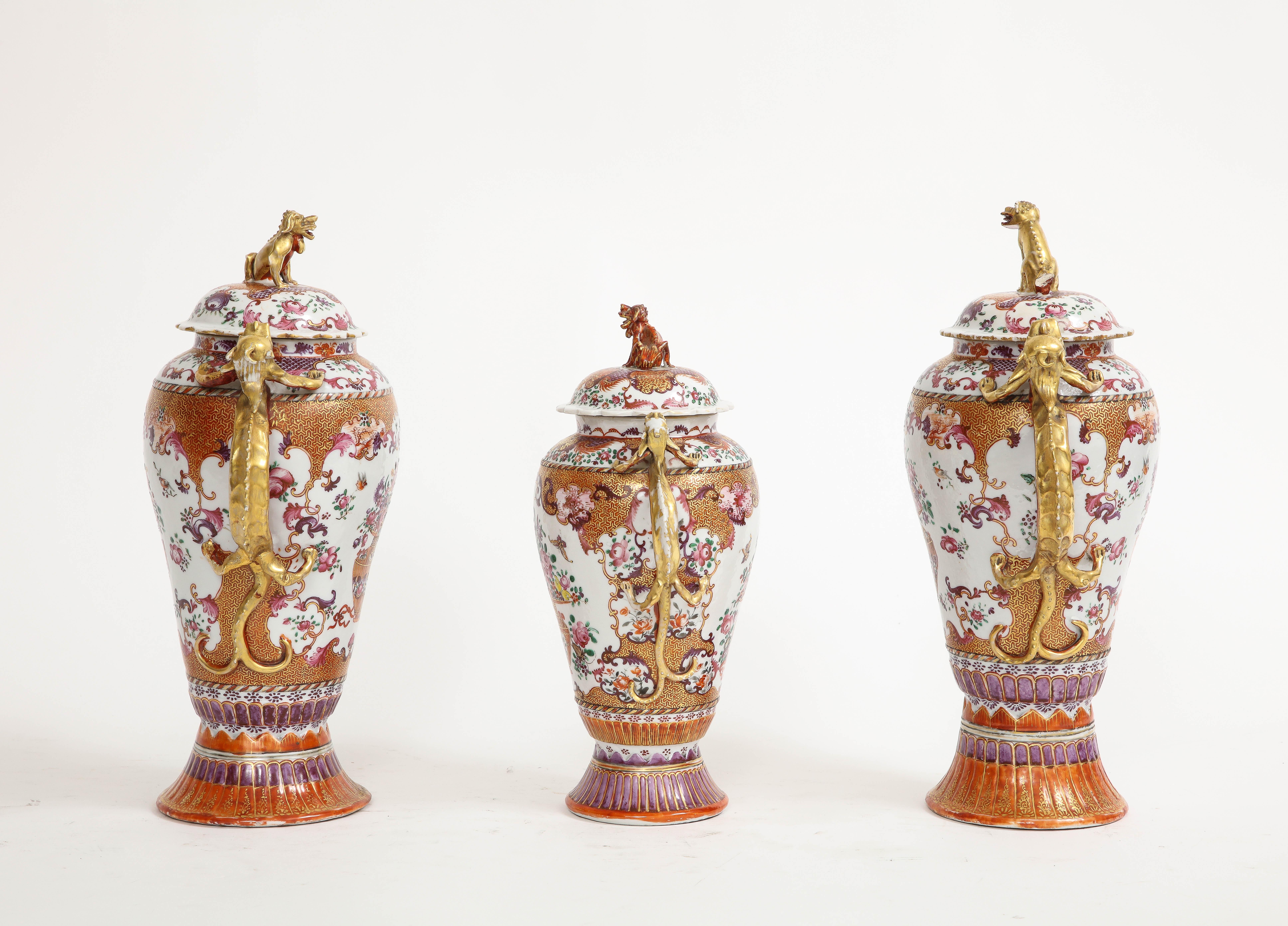 18th C. Chinese Porcelain Famille Rose Mandarin 3-Piece Vase Garniture Set In Good Condition For Sale In New York, NY