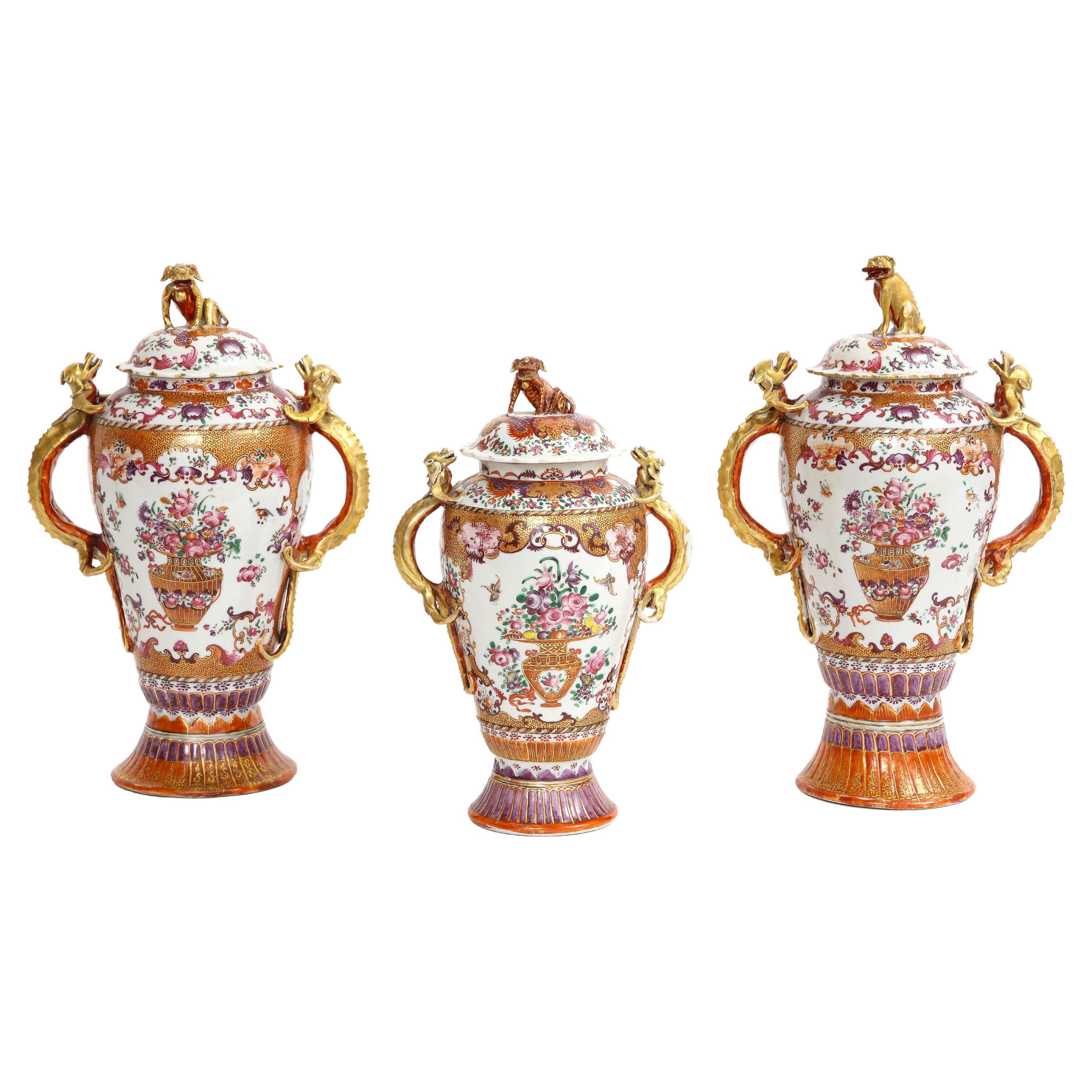 18th C. Chinese Porcelain Famille Rose Mandarin 3-Piece Vase Garniture Set